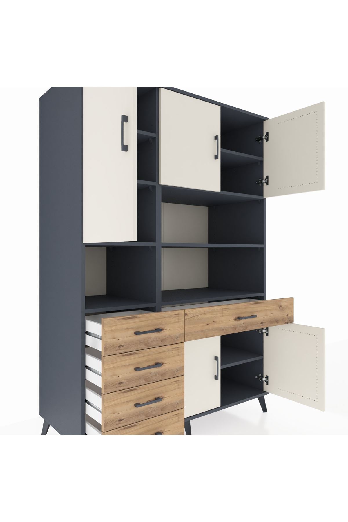 Kronos Dolap 9 Raflı 5 Çekmeceli 5 Kapaklı 132x59x195 Antrasit-Aytaşı/Çam