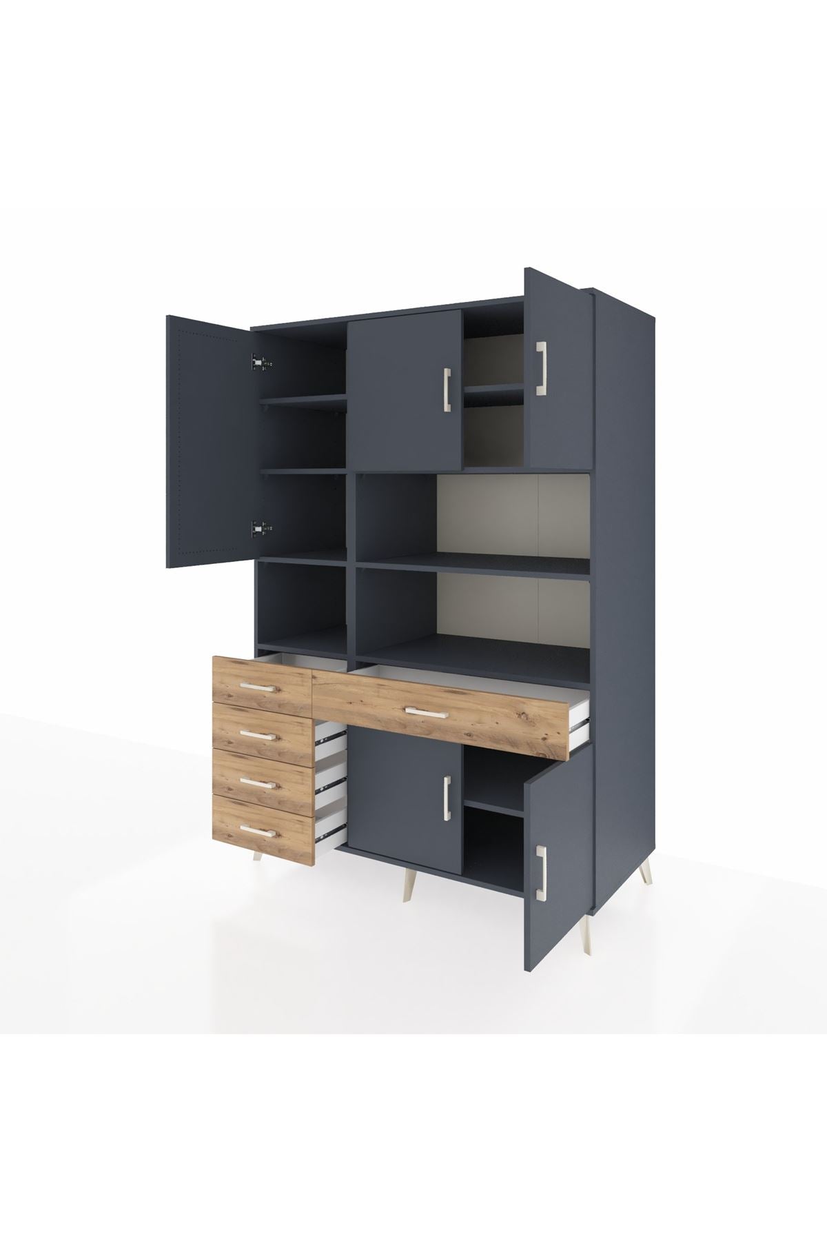 Kronos Dolap 9 Raflı 5 Çekmeceli 5 Kapaklı 132x59x195 Antrasit-Antrasit/Çam