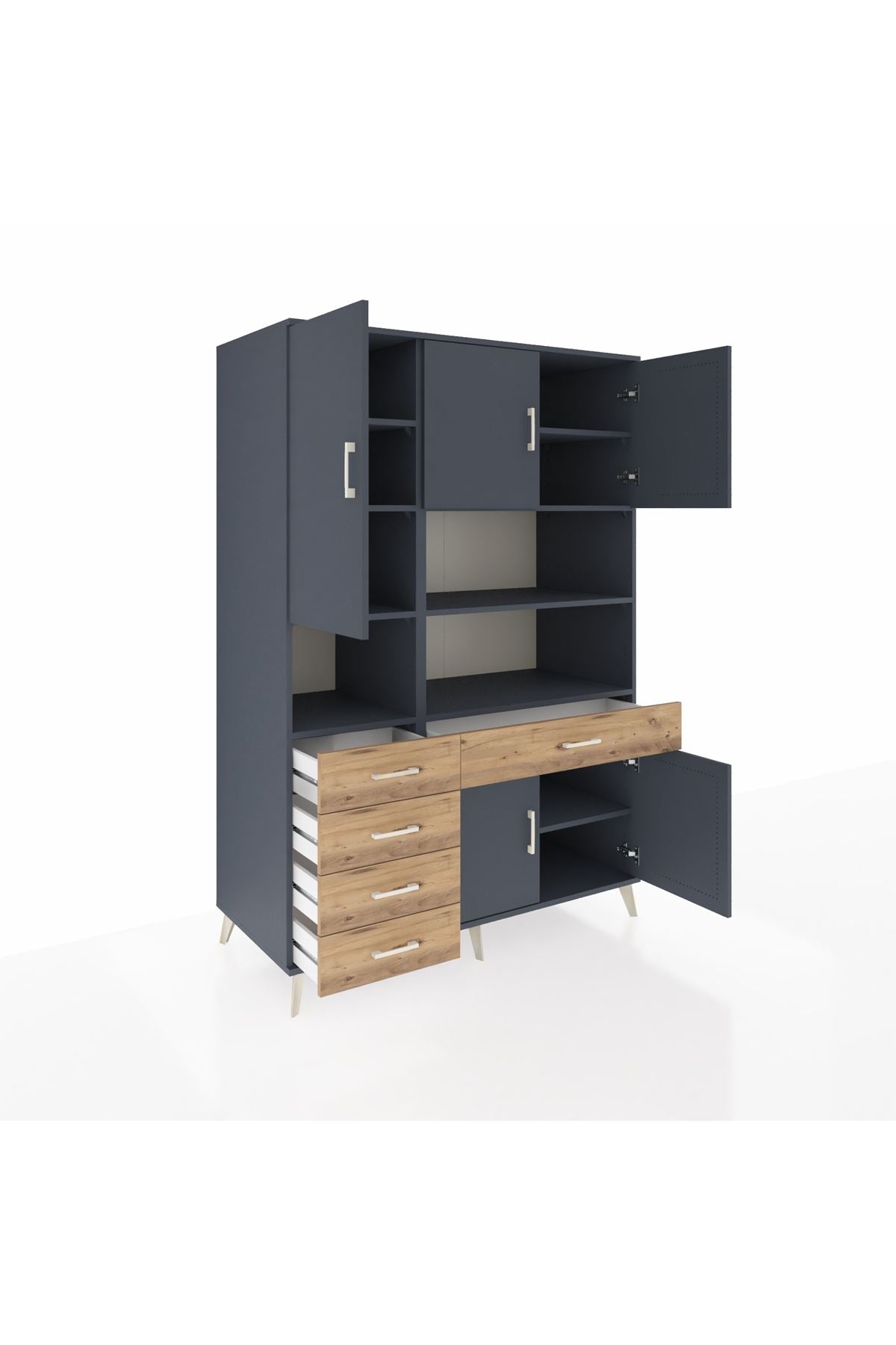 Kronos Dolap 9 Raflı 5 Çekmeceli 5 Kapaklı 132x59x195 Antrasit-Antrasit/Çam