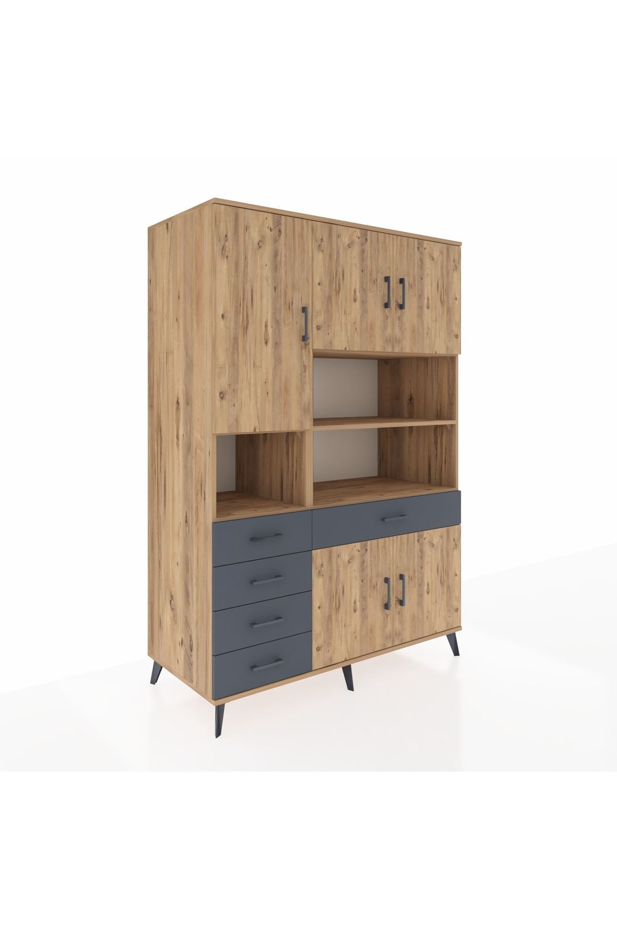 Kronos Dolap 9 Raflı 5 Çekmeceli 5 Kapaklı 132x59x195 Çam-Çam/Antrasit