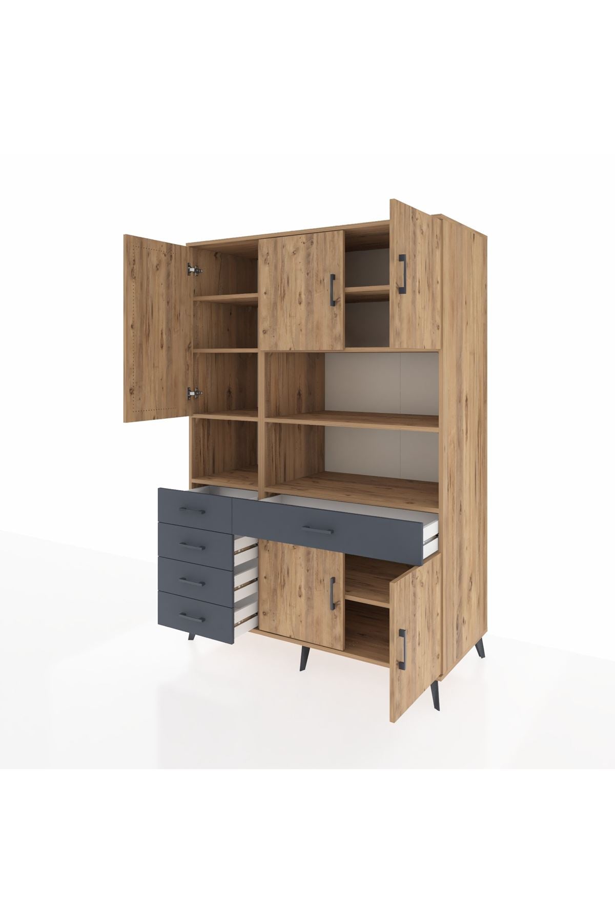 Kronos Dolap 9 Raflı 5 Çekmeceli 5 Kapaklı 132x59x195 Çam-Çam/Antrasit