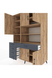 Kronos Dolap 9 Raflı 5 Çekmeceli 5 Kapaklı 132x59x195 Çam-Çam/Antrasit