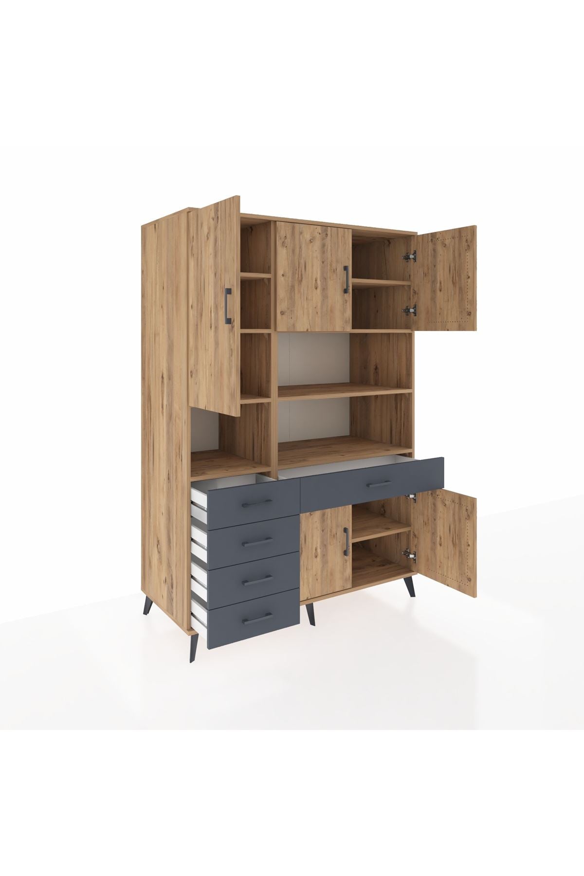 Kronos Dolap 9 Raflı 5 Çekmeceli 5 Kapaklı 132x59x195 Çam-Çam/Antrasit