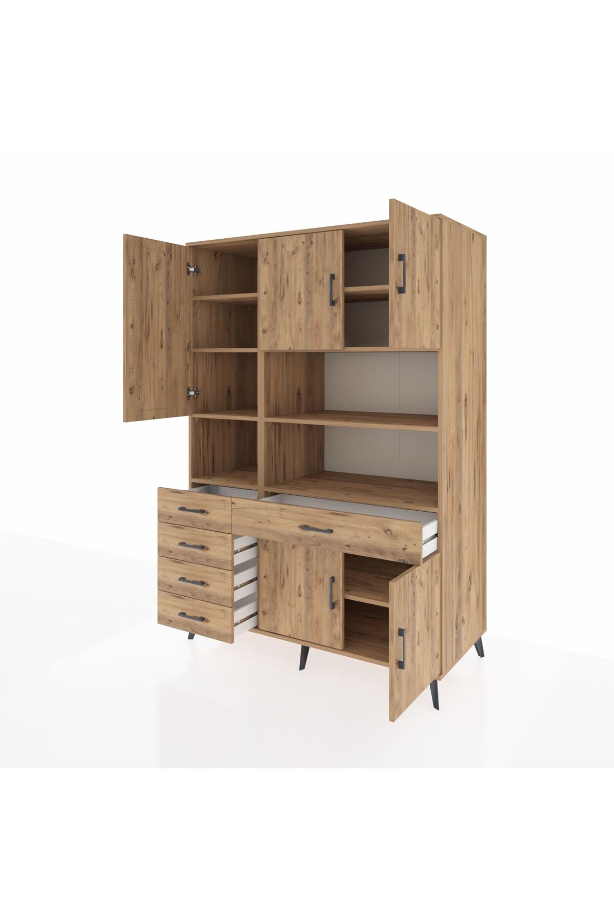 Kronos Dolap 9 Raflı 5 Çekmeceli 5 Kapaklı 132x59x195 Çam-Çam/Çam