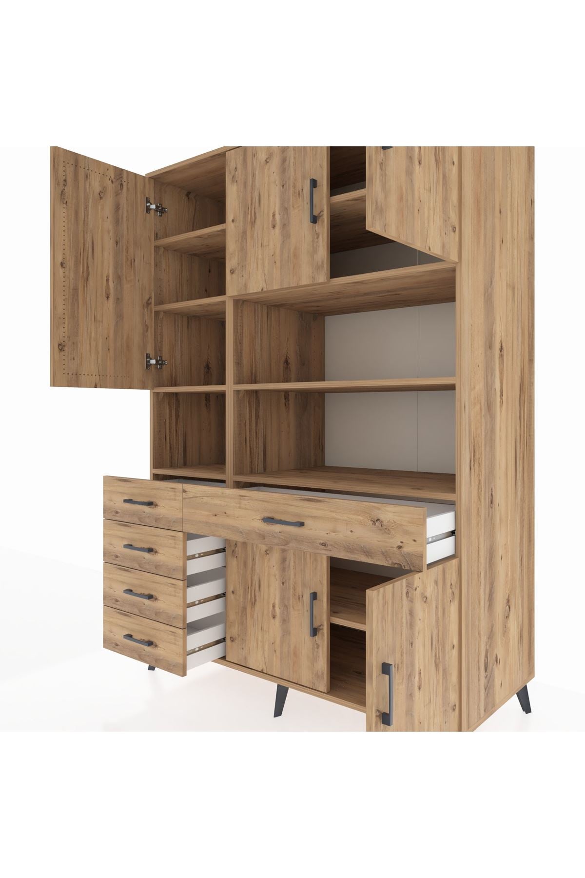 Kronos Dolap 9 Raflı 5 Çekmeceli 5 Kapaklı 132x59x195 Çam-Çam/Çam