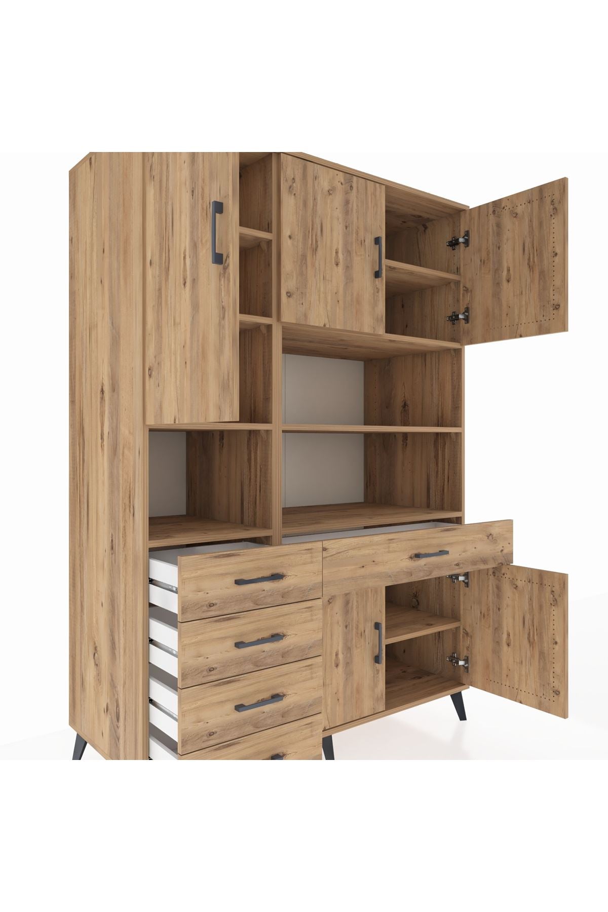 Kronos Dolap 9 Raflı 5 Çekmeceli 5 Kapaklı 132x59x195 Çam-Çam/Çam