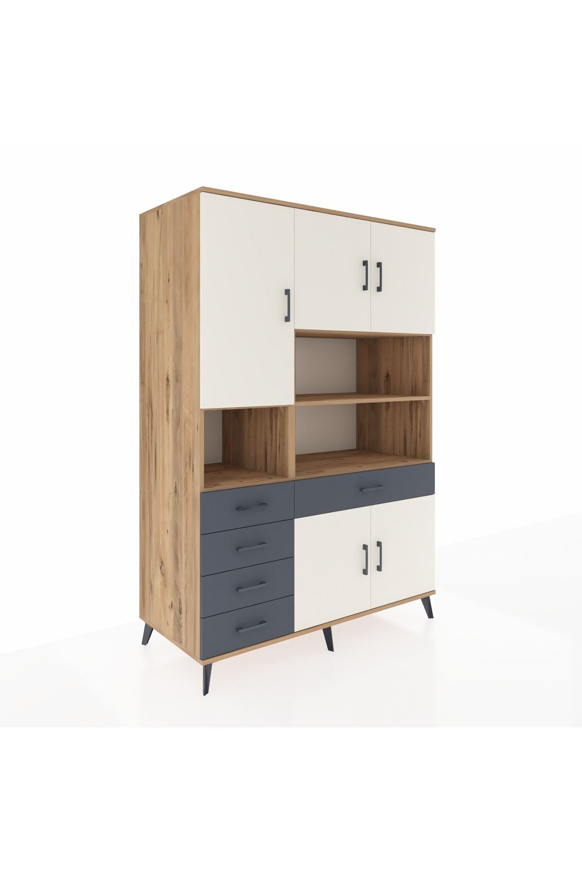 Kronos Dolap 9 Raflı 5 Çekmeceli 5 Kapaklı 132x59x195 Çam-Aytaşı/Antrasit