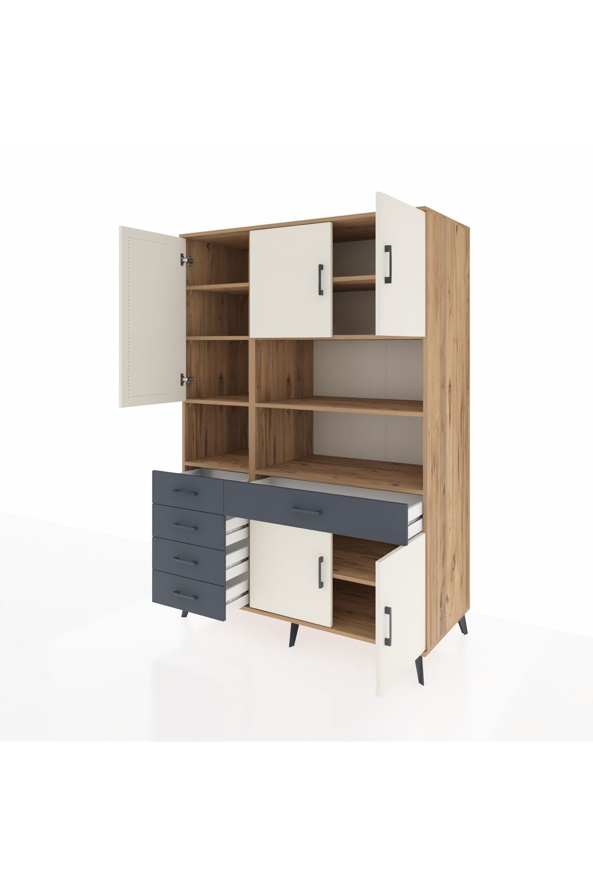 Kronos Dolap 9 Raflı 5 Çekmeceli 5 Kapaklı 132x59x195 Çam-Aytaşı/Antrasit