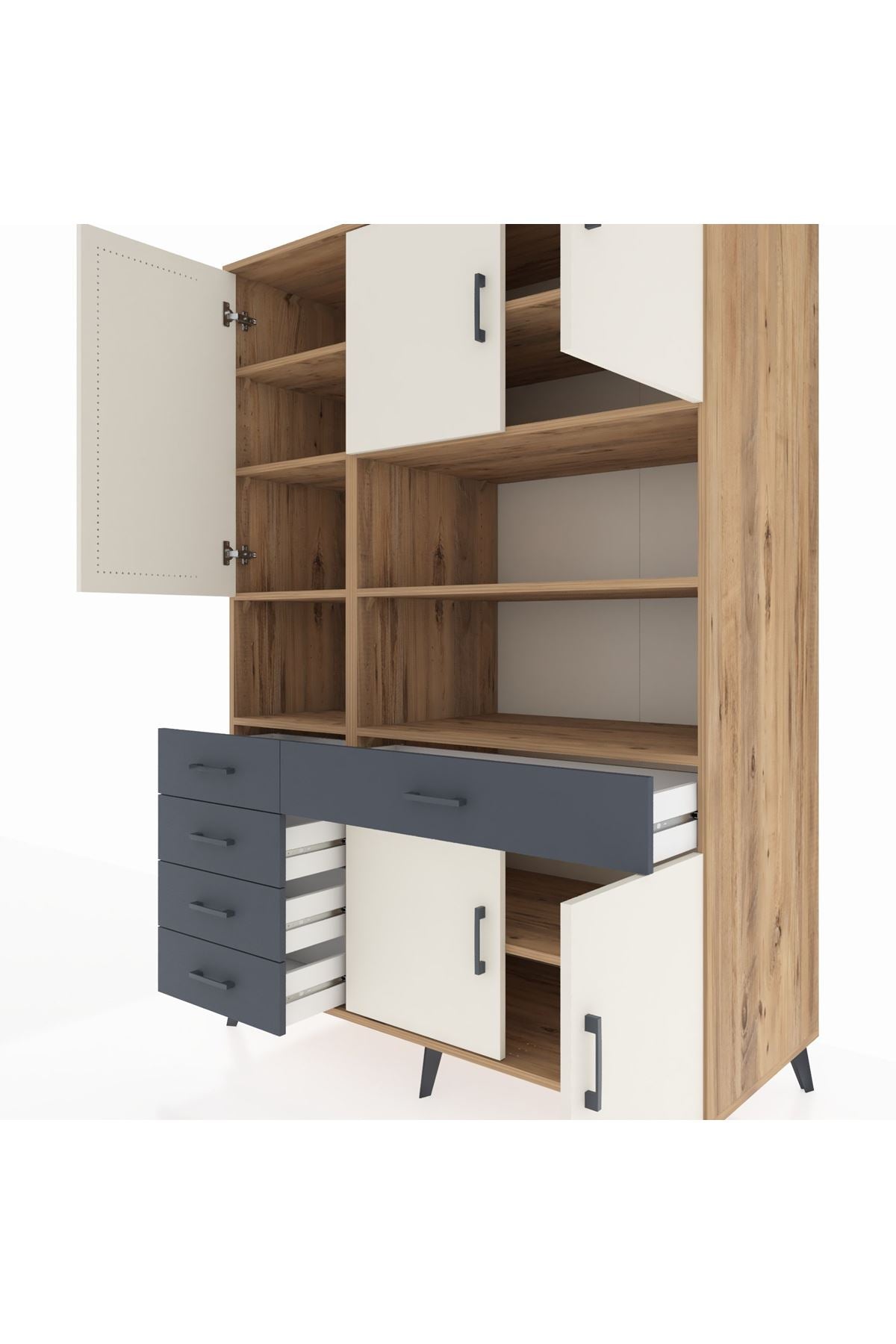 Kronos Dolap 9 Raflı 5 Çekmeceli 5 Kapaklı 132x59x195 Çam-Aytaşı/Antrasit