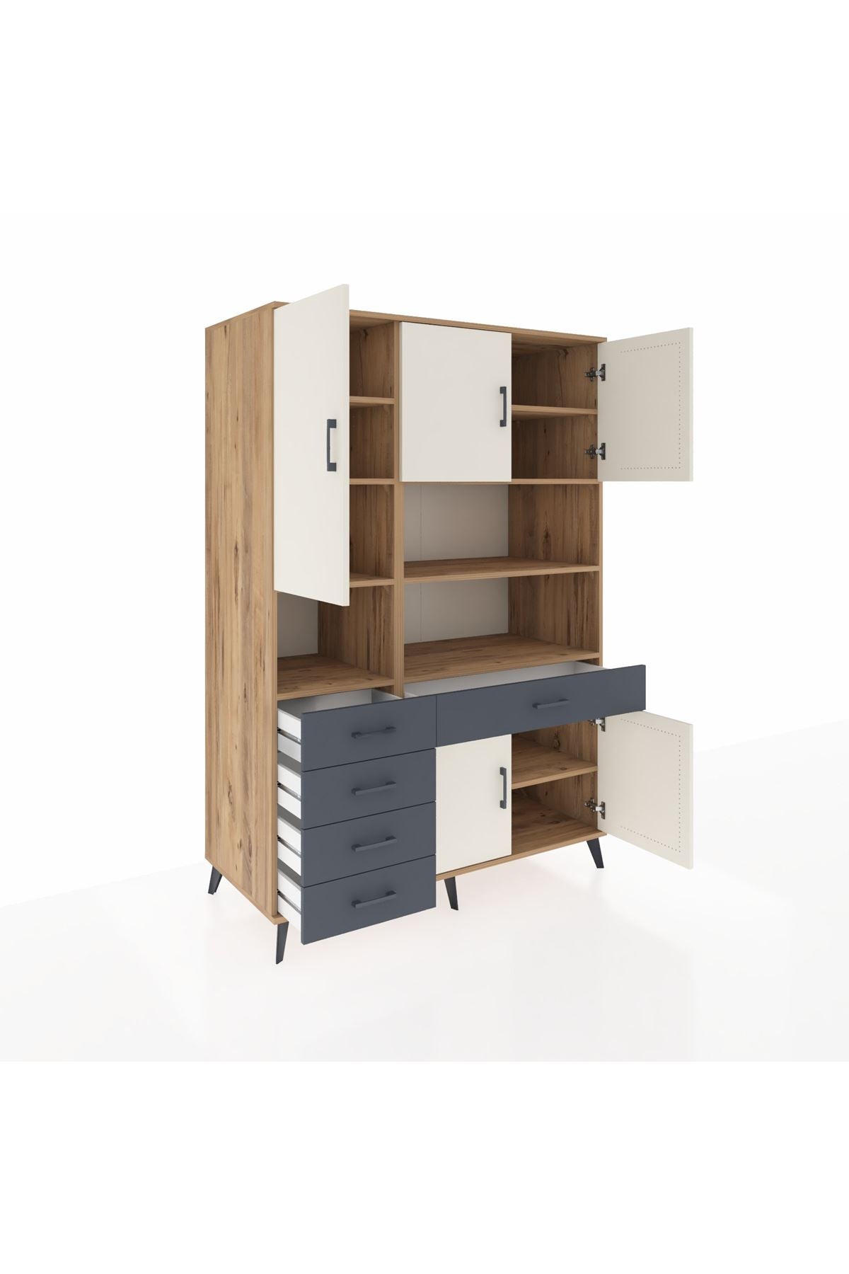 Kronos Dolap 9 Raflı 5 Çekmeceli 5 Kapaklı 132x59x195 Çam-Aytaşı/Antrasit