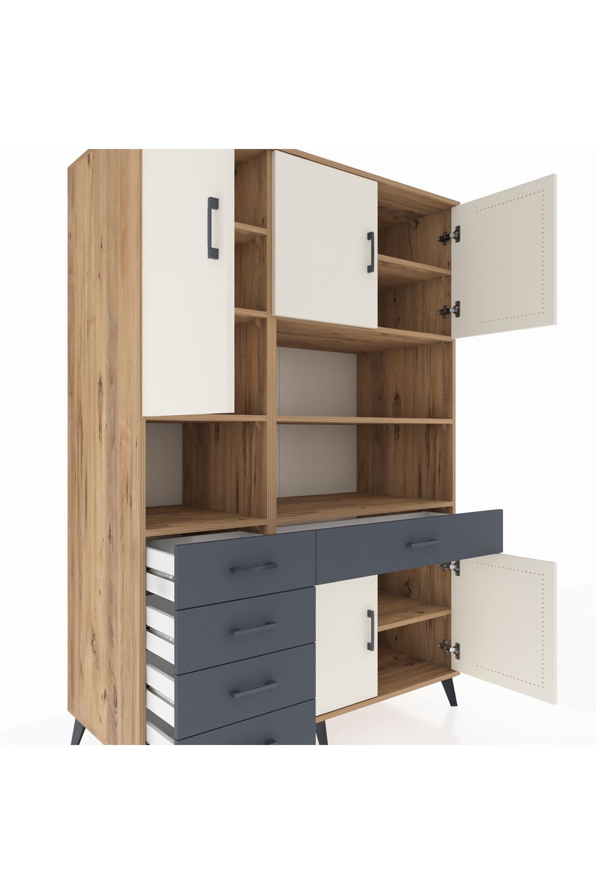 Kronos Dolap 9 Raflı 5 Çekmeceli 5 Kapaklı 132x59x195 Çam-Aytaşı/Antrasit