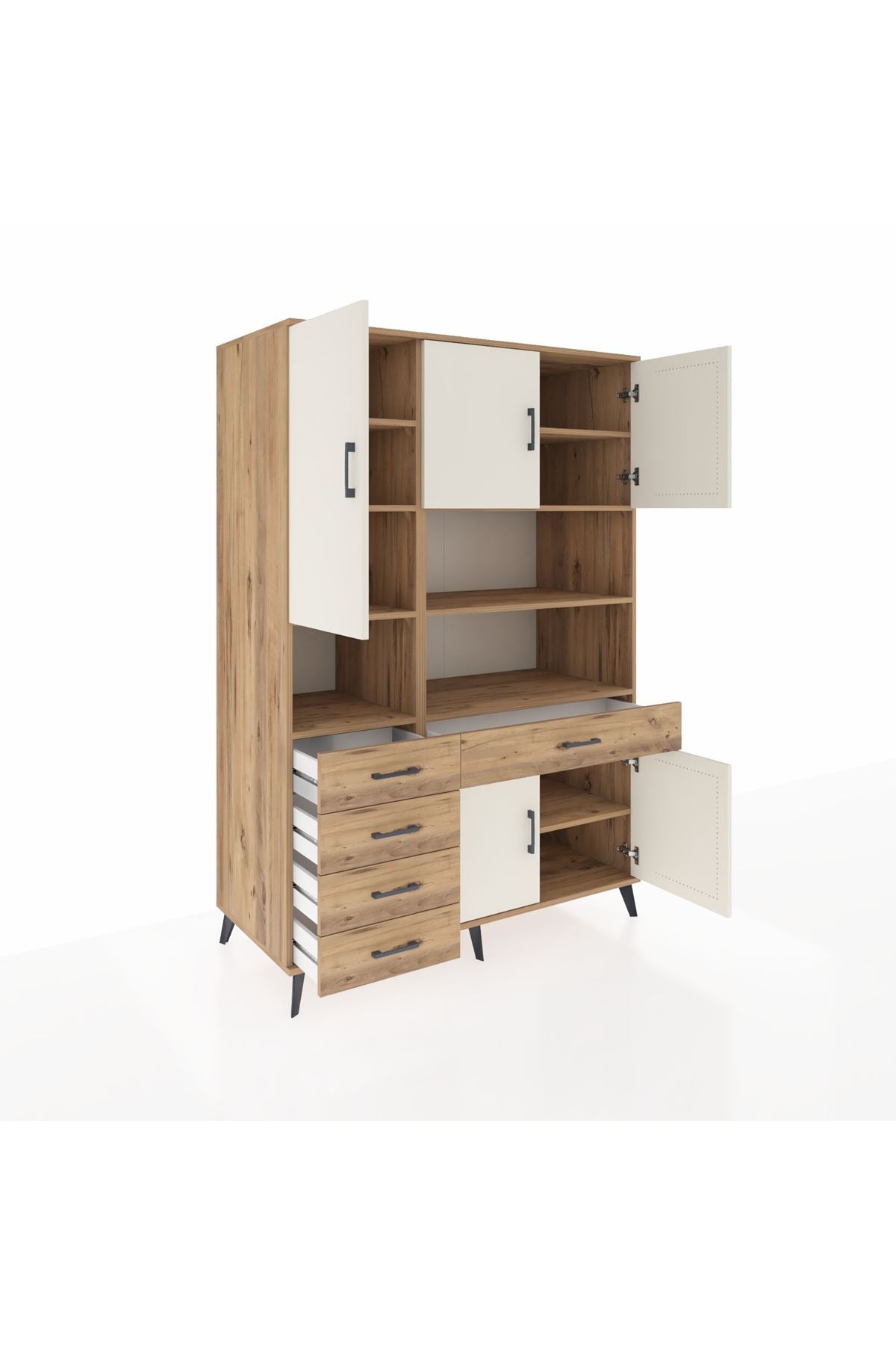 Kronos Dolap 9 Raflı 5 Çekmeceli 5 Kapaklı 132x59x195 Çam-Aytaşı/Çam