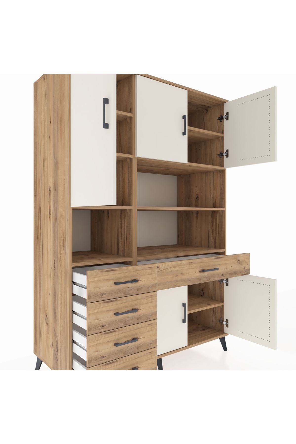 Kronos Dolap 9 Raflı 5 Çekmeceli 5 Kapaklı 132x59x195 Çam-Aytaşı/Çam