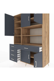 Kronos Dolap 9 Raflı 5 Çekmeceli 5 Kapaklı 132x59x195 Çam-Antrasit/Antrasit