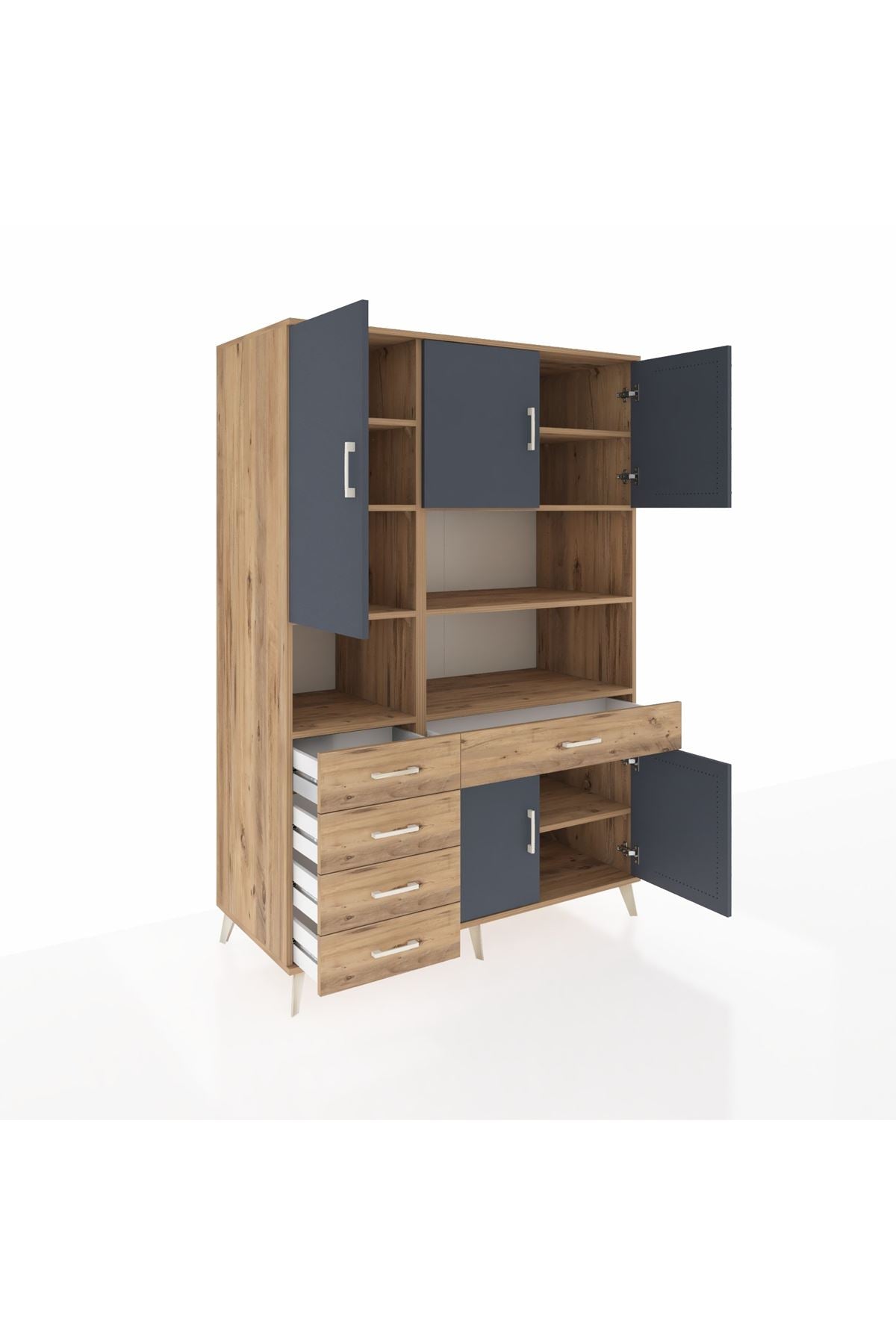 Kronos Dolap 9 Raflı 5 Çekmeceli 5 Kapaklı 132x59x195 Çam-Antrasit/Çam