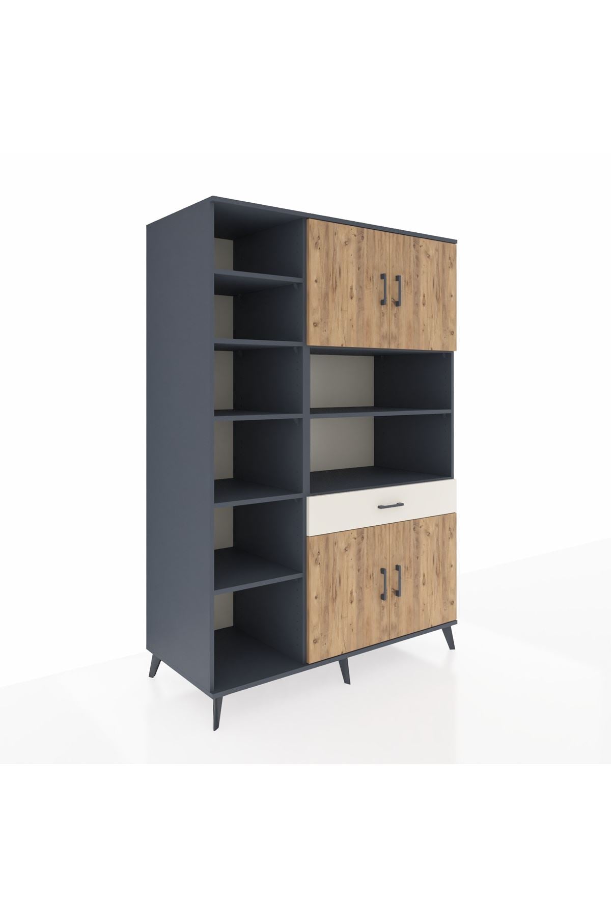 Kronos Dolap 10 Raflı Tek Çekmeceli 4 Kapaklı 132x59x195 Antrasit-Çam/Aytaşı