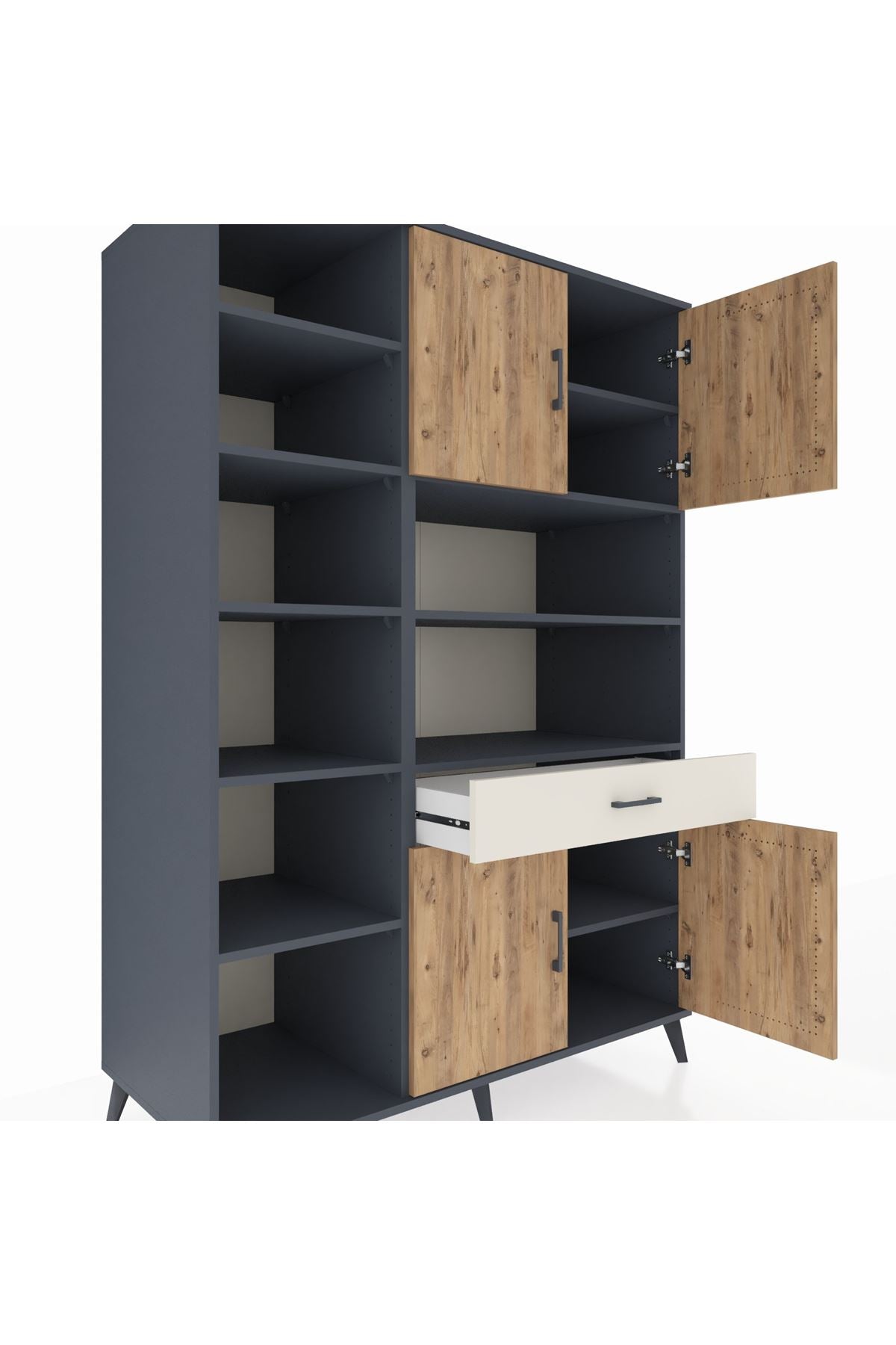 Kronos Dolap 10 Raflı Tek Çekmeceli 4 Kapaklı 132x59x195 Antrasit-Çam/Aytaşı