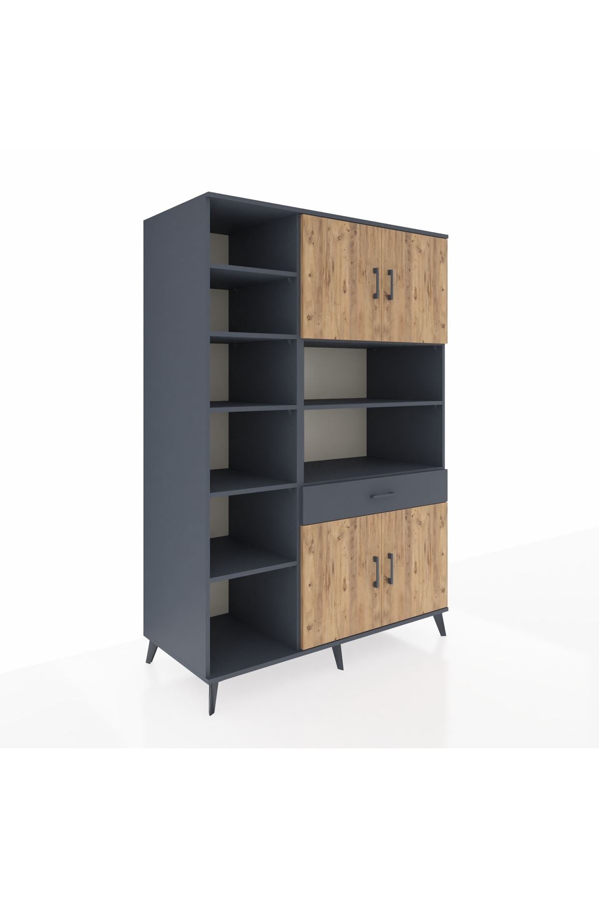 Kronos Dolap 10 Raflı Tek Çekmeceli 4 Kapaklı 132x59x195 Antrasit-Çam/Antrasit