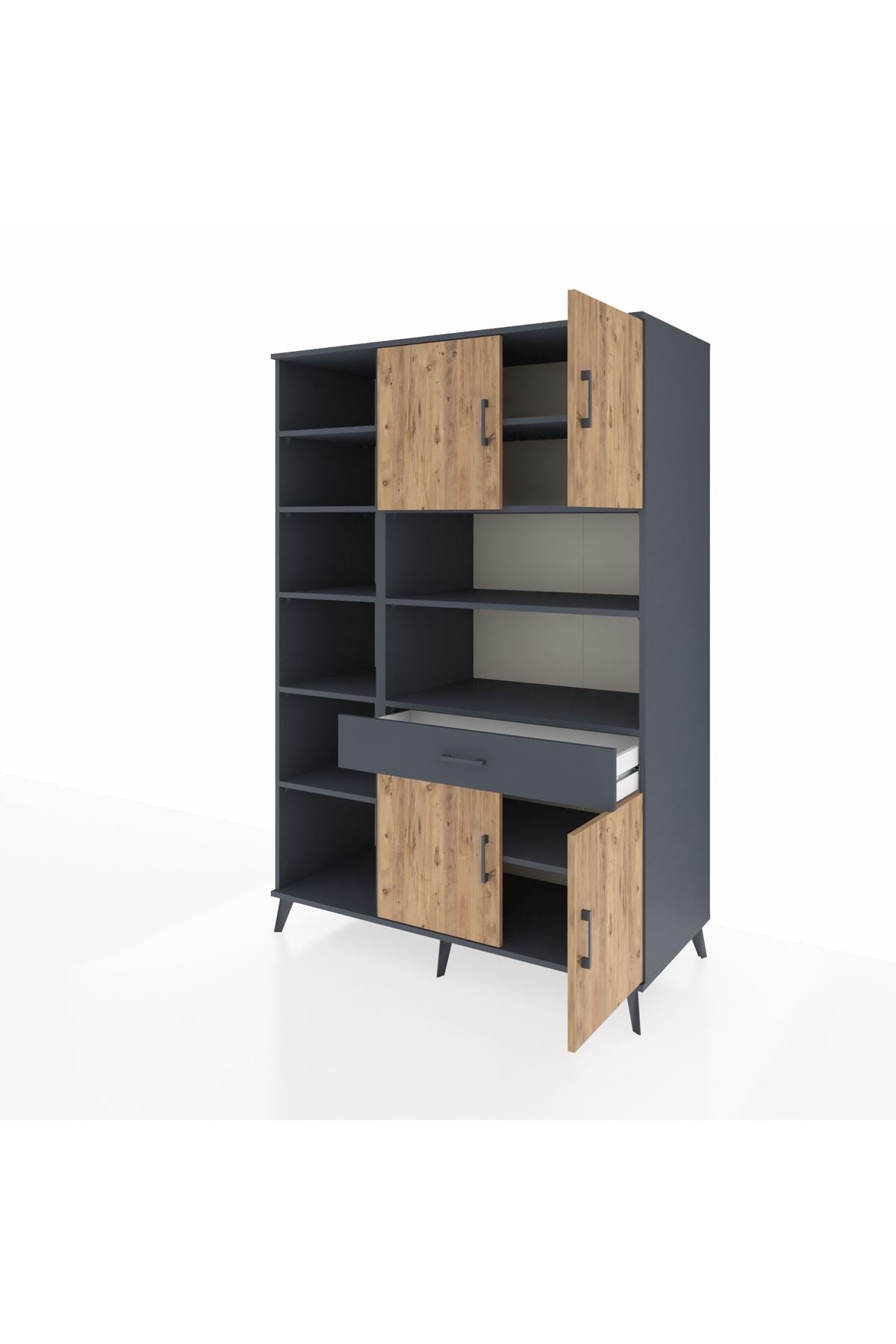 Kronos Dolap 10 Raflı Tek Çekmeceli 4 Kapaklı 132x59x195 Antrasit-Çam/Antrasit