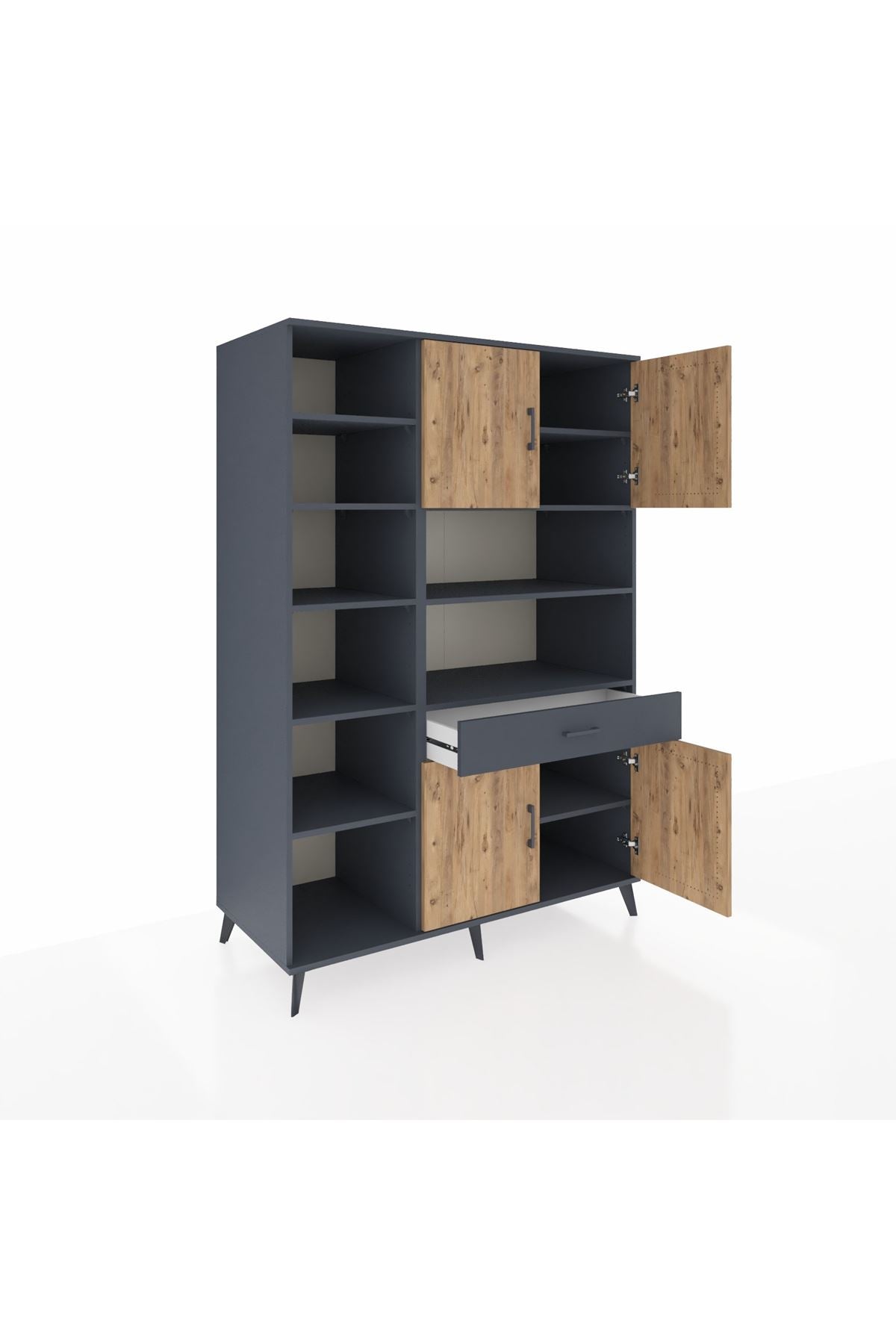 Kronos Dolap 10 Raflı Tek Çekmeceli 4 Kapaklı 132x59x195 Antrasit-Çam/Antrasit