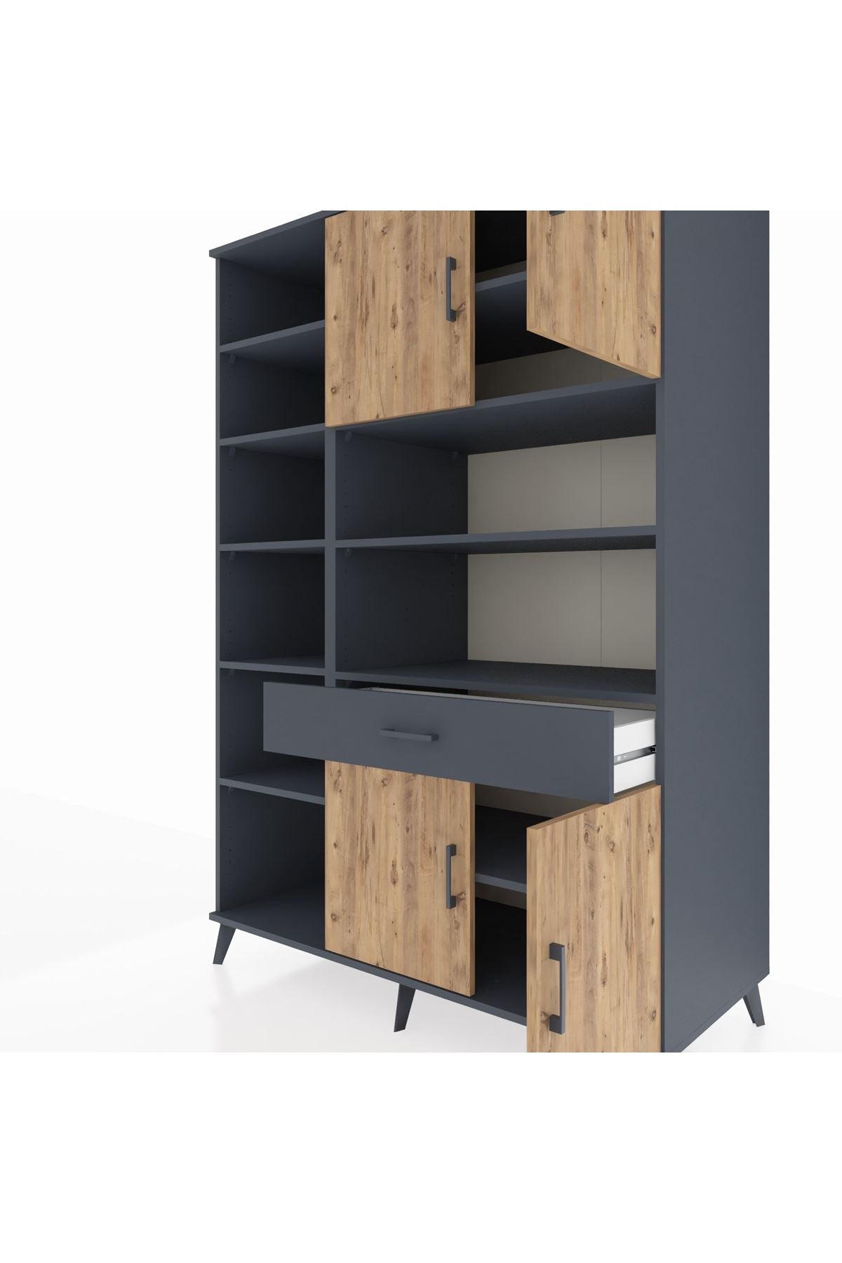 Kronos Dolap 10 Raflı Tek Çekmeceli 4 Kapaklı 132x59x195 Antrasit-Çam/Antrasit