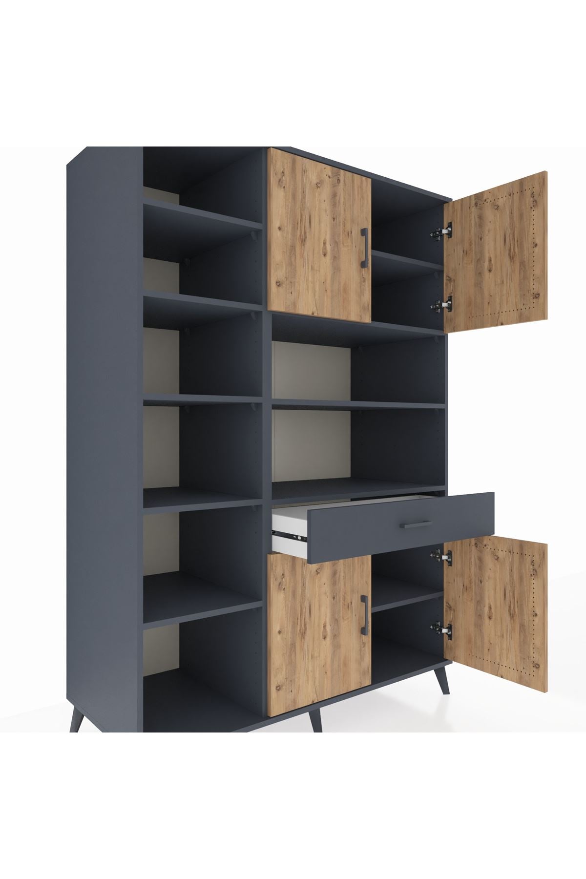 Kronos Dolap 10 Raflı Tek Çekmeceli 4 Kapaklı 132x59x195 Antrasit-Çam/Antrasit