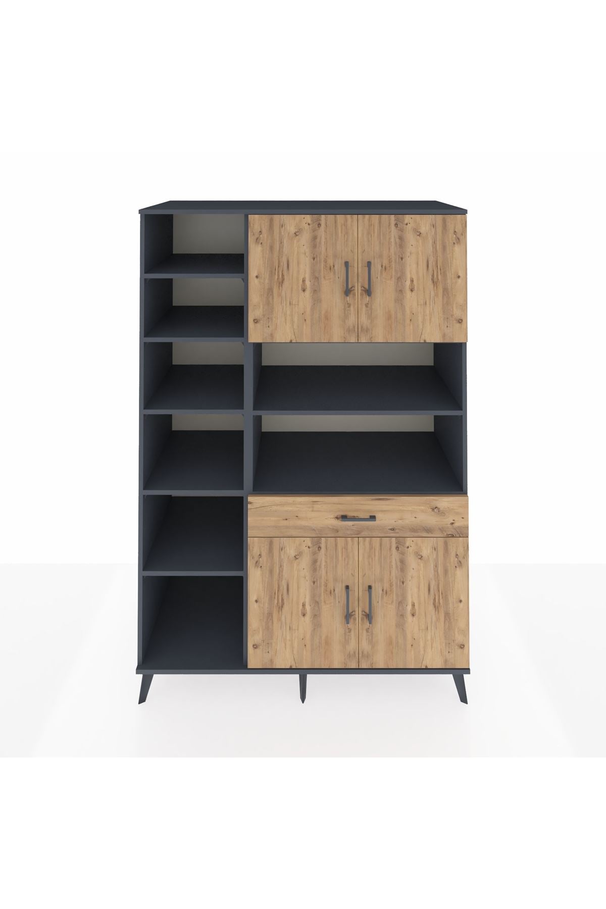 Kronos Dolap 10 Raflı Tek Çekmeceli 4 Kapaklı 132x59x195 Antrasit-Çam/Çam