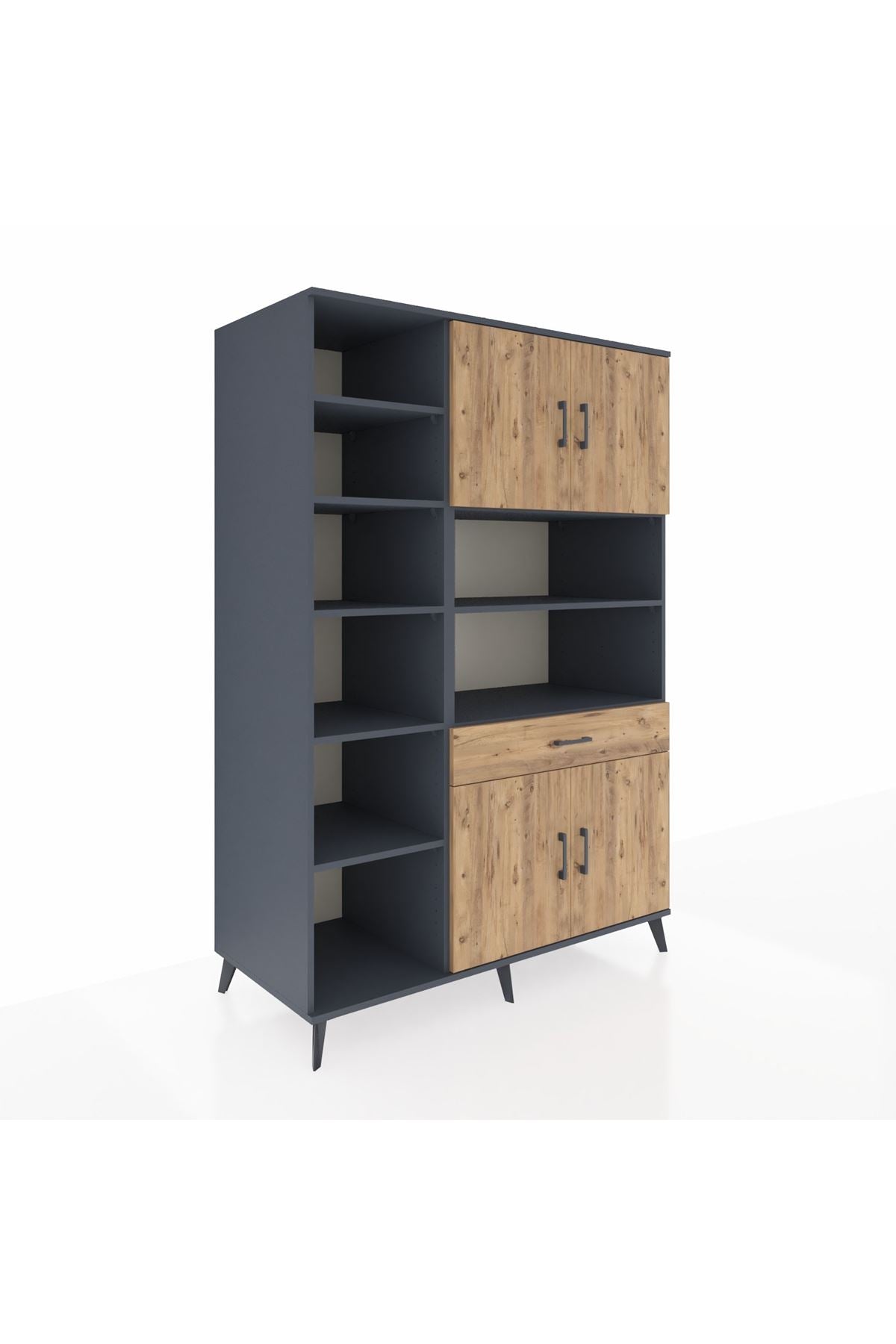 Kronos Dolap 10 Raflı Tek Çekmeceli 4 Kapaklı 132x59x195 Antrasit-Çam/Çam