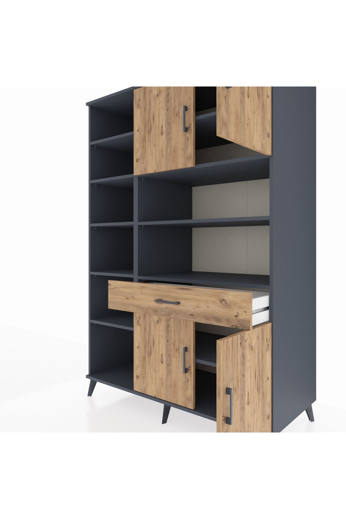 Kronos Dolap 10 Raflı Tek Çekmeceli 4 Kapaklı 132x59x195 Antrasit-Çam/Çam