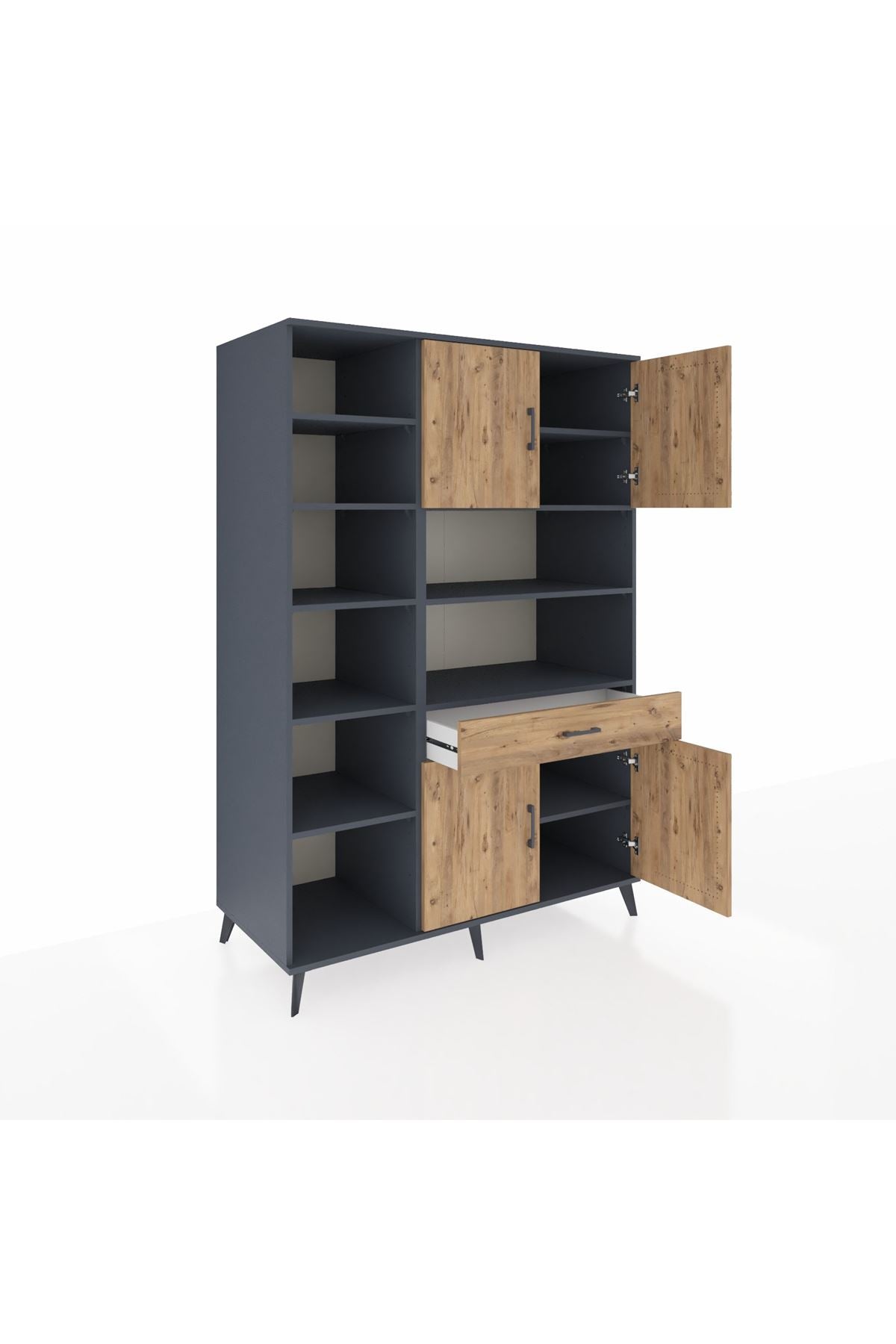 Kronos Dolap 10 Raflı Tek Çekmeceli 4 Kapaklı 132x59x195 Antrasit-Çam/Çam