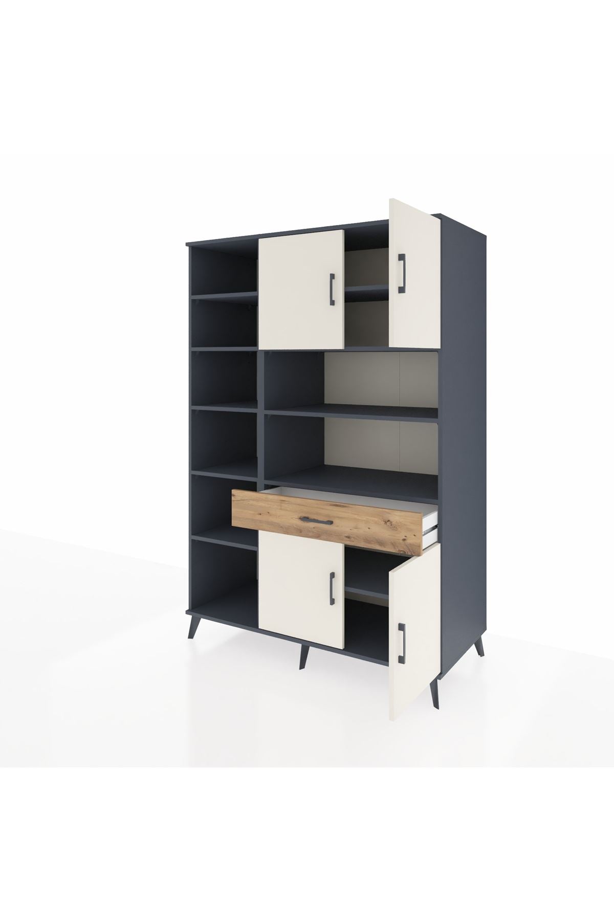 Kronos Dolap 10 Raflı Tek Çekmeceli 4 Kapaklı 132x59x195 Antrasit-Aytaşı/Çam