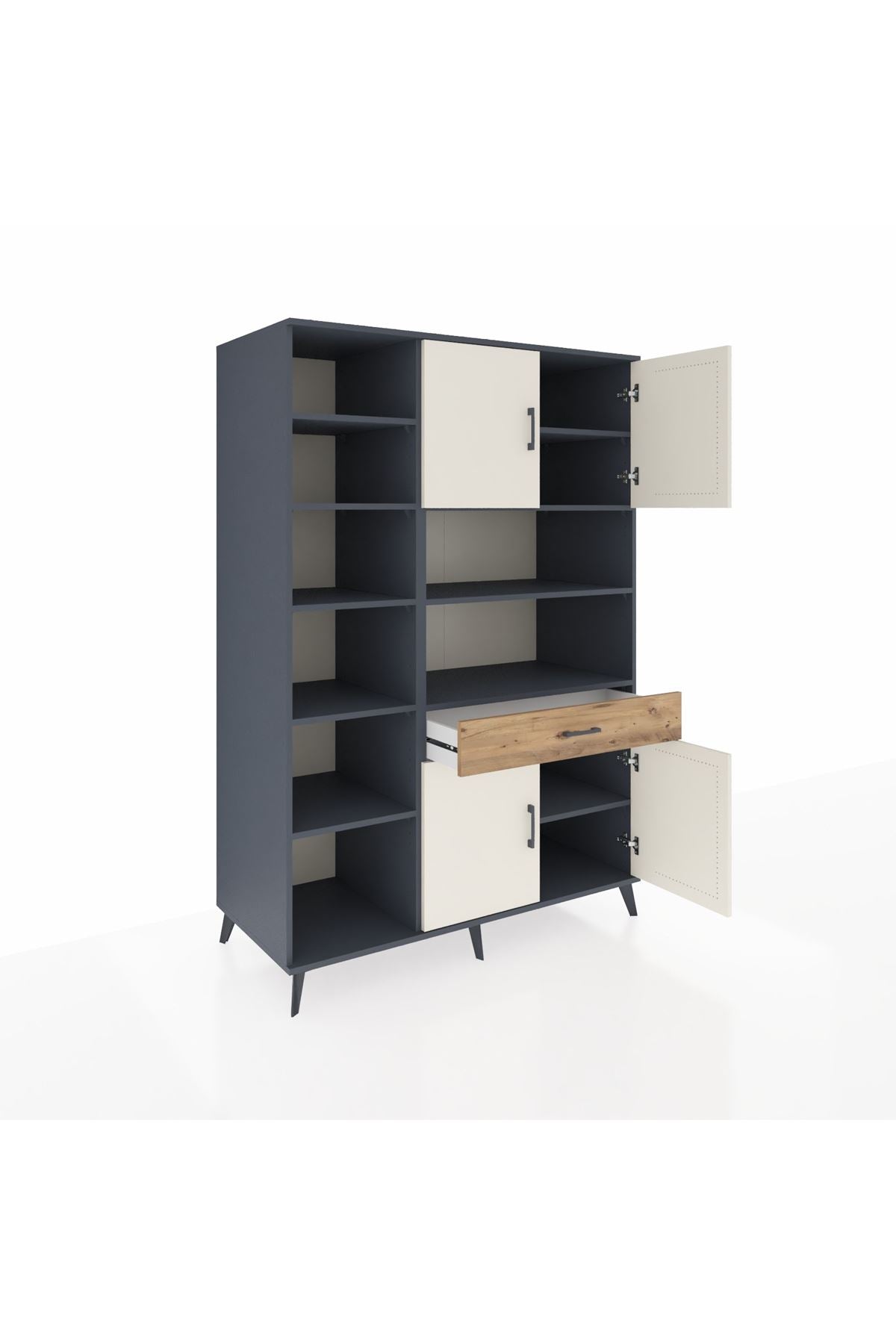 Kronos Dolap 10 Raflı Tek Çekmeceli 4 Kapaklı 132x59x195 Antrasit-Aytaşı/Çam