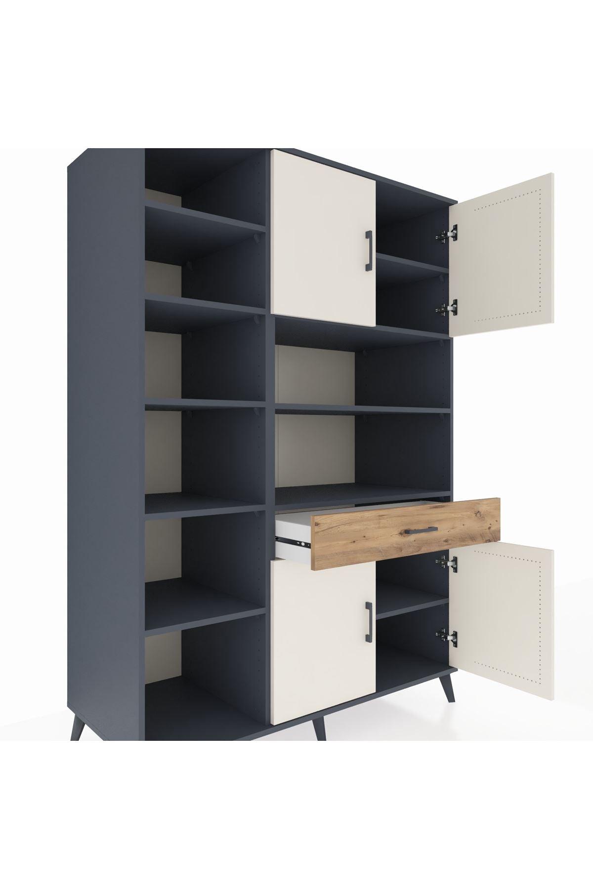 Kronos Dolap 10 Raflı Tek Çekmeceli 4 Kapaklı 132x59x195 Antrasit-Aytaşı/Çam