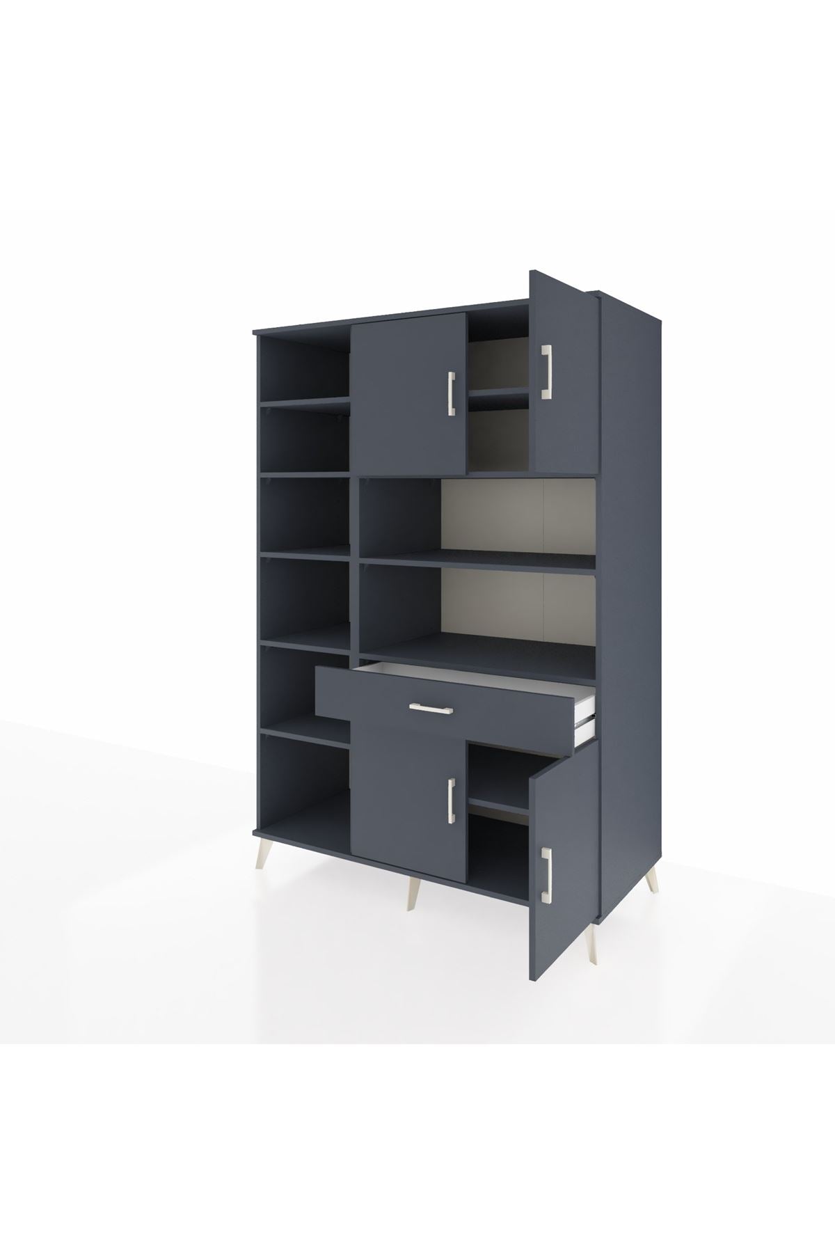 Kronos Dolap 10 Raflı Tek Çekmeceli 4 Kapaklı 132x59x195 Antrasit-Antrasit/Antrasit