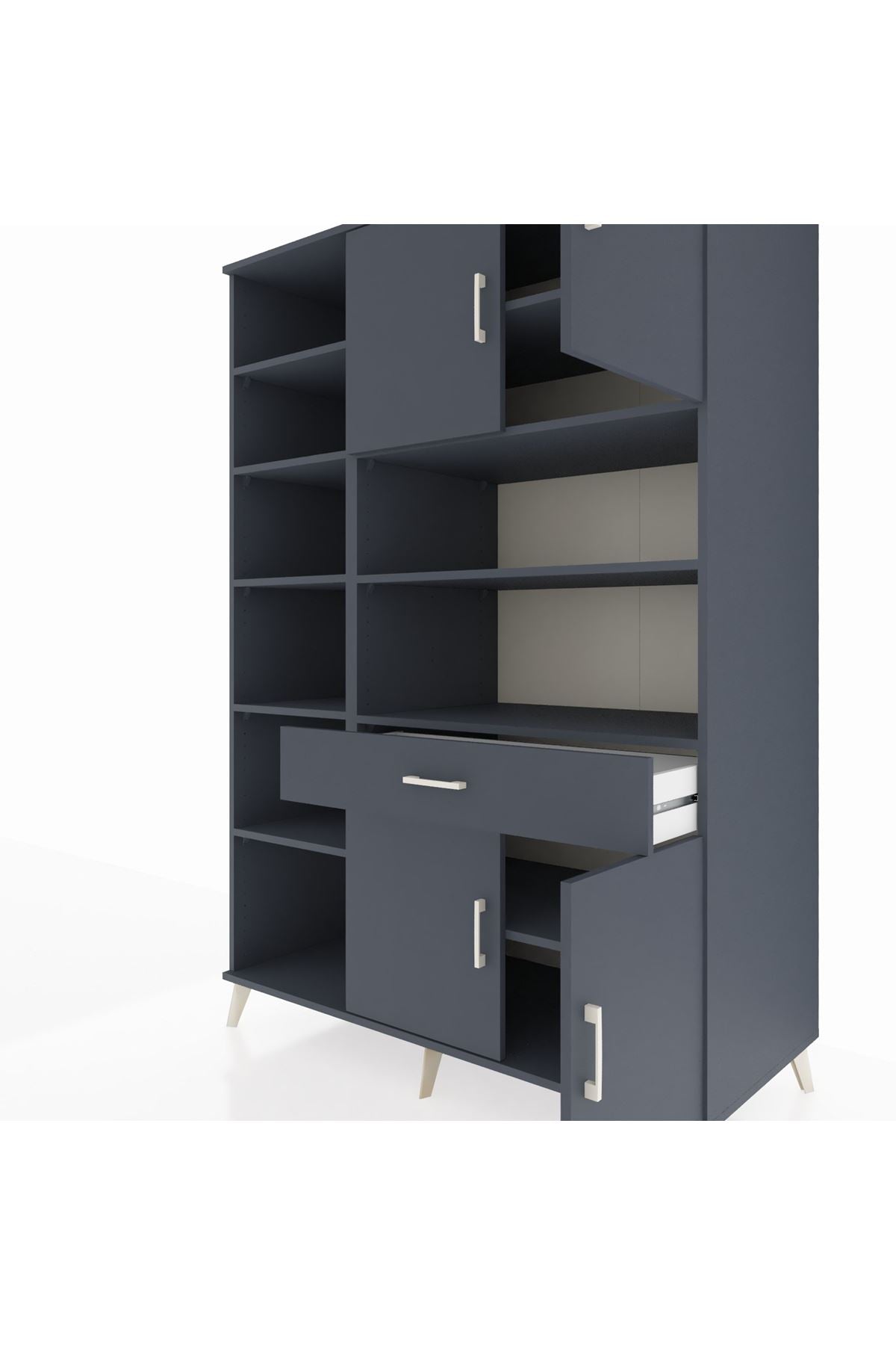 Kronos Dolap 10 Raflı Tek Çekmeceli 4 Kapaklı 132x59x195 Antrasit-Antrasit/Antrasit