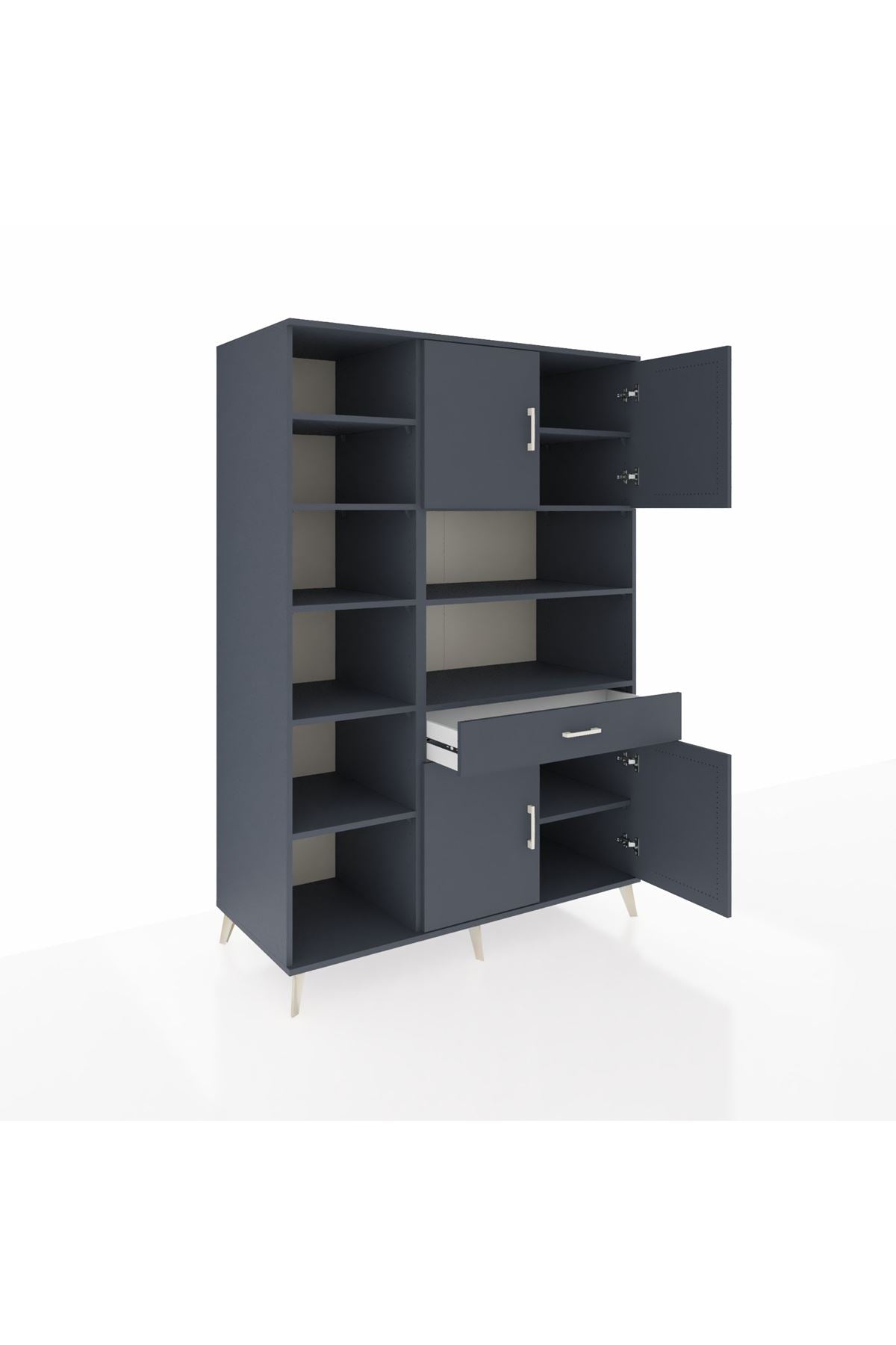 Kronos Dolap 10 Raflı Tek Çekmeceli 4 Kapaklı 132x59x195 Antrasit-Antrasit/Antrasit