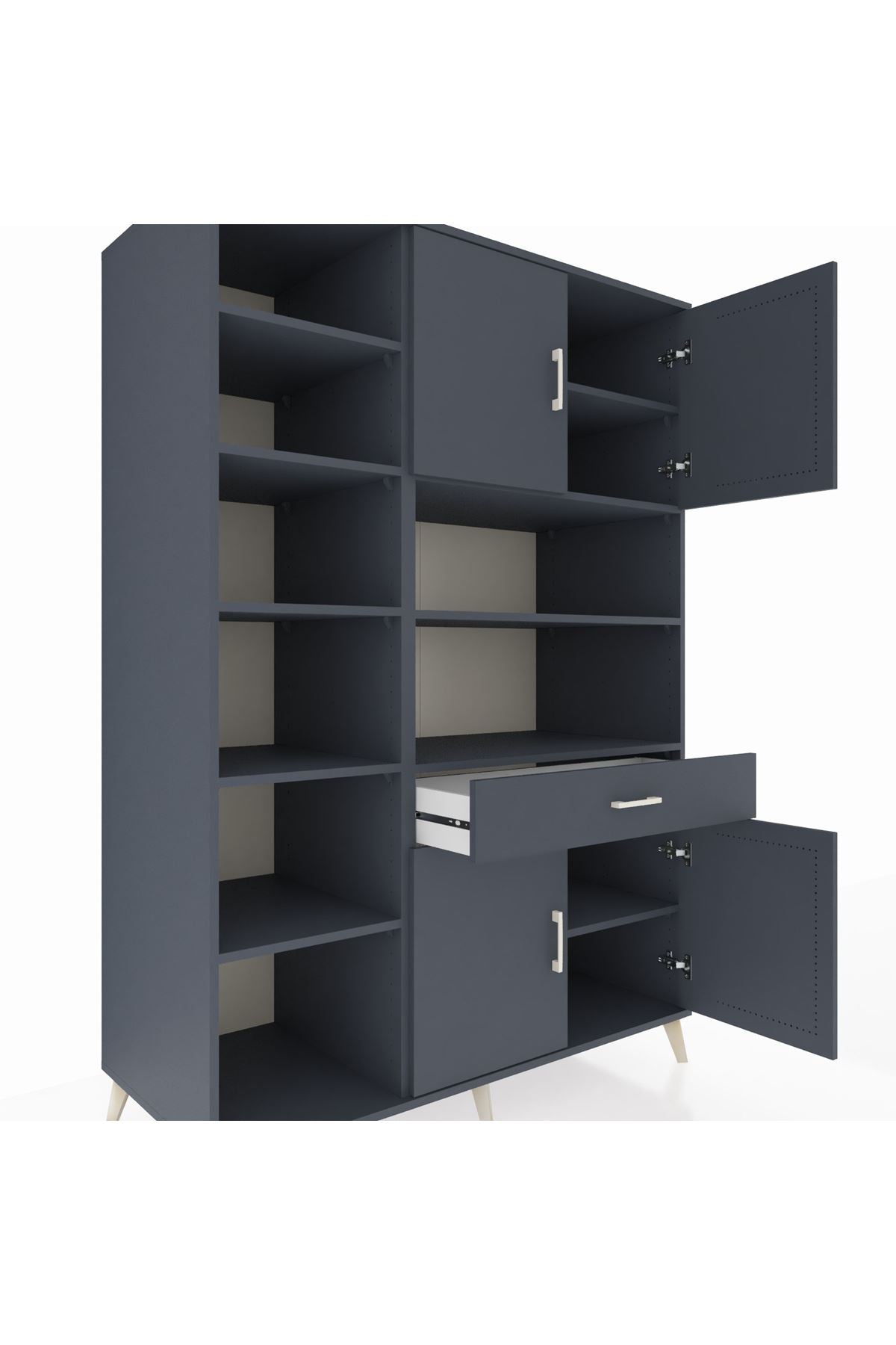 Kronos Dolap 10 Raflı Tek Çekmeceli 4 Kapaklı 132x59x195 Antrasit-Antrasit/Antrasit