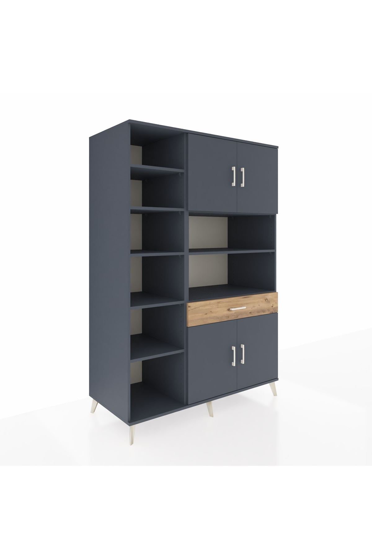 Kronos Dolap 10 Raflı Tek Çekmeceli 4 Kapaklı 132x59x195 Antrasit-Antrasit/Çam