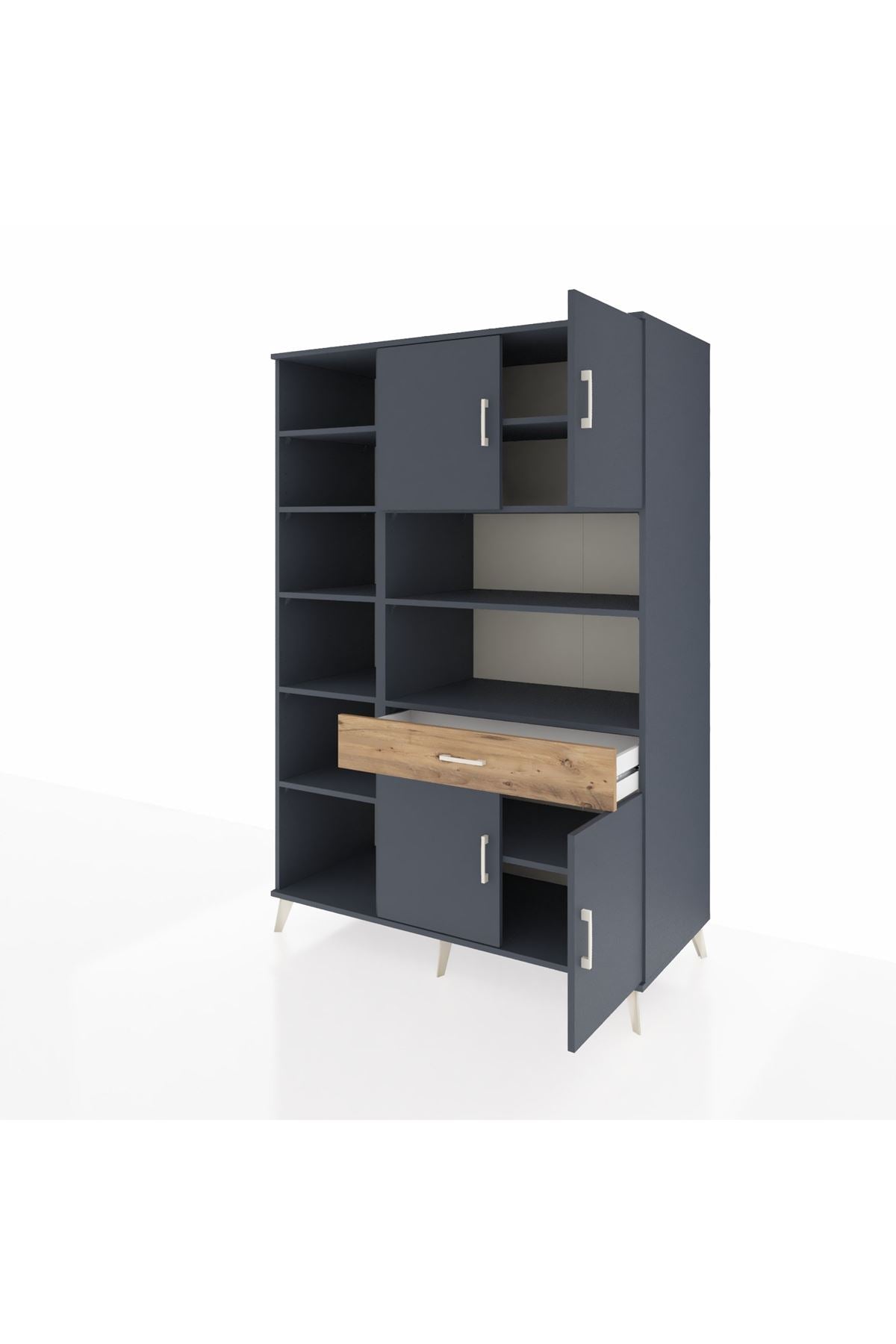 Kronos Dolap 10 Raflı Tek Çekmeceli 4 Kapaklı 132x59x195 Antrasit-Antrasit/Çam