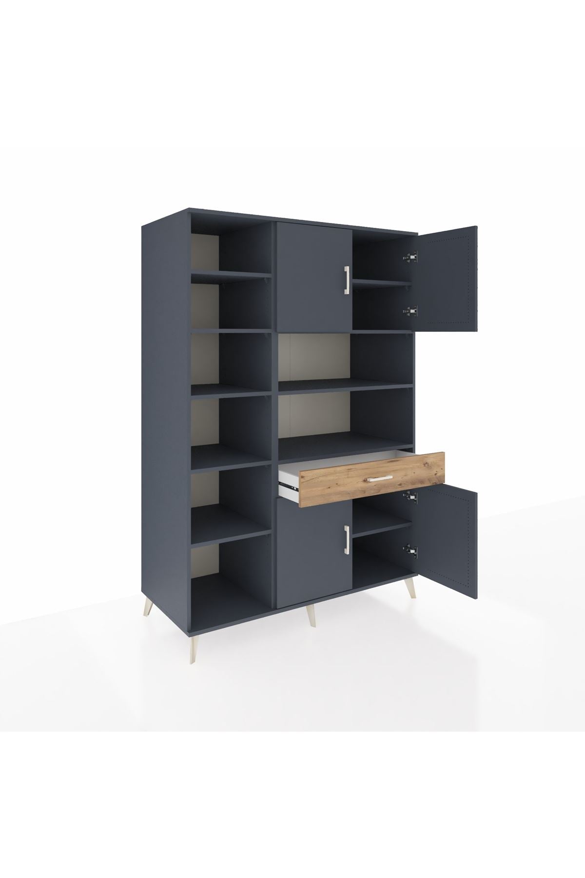 Kronos Dolap 10 Raflı Tek Çekmeceli 4 Kapaklı 132x59x195 Antrasit-Antrasit/Çam