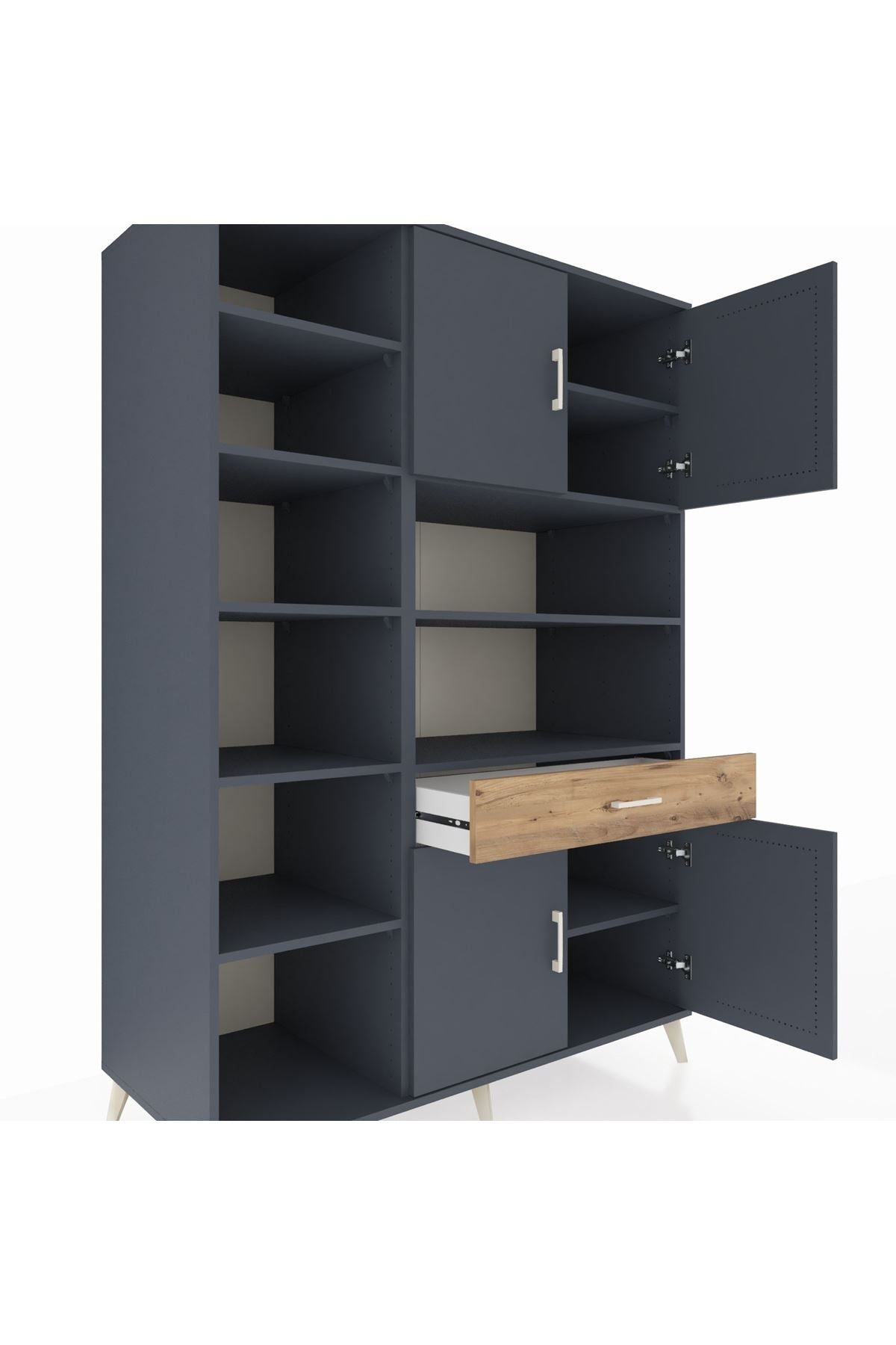 Kronos Dolap 10 Raflı Tek Çekmeceli 4 Kapaklı 132x59x195 Antrasit-Antrasit/Çam