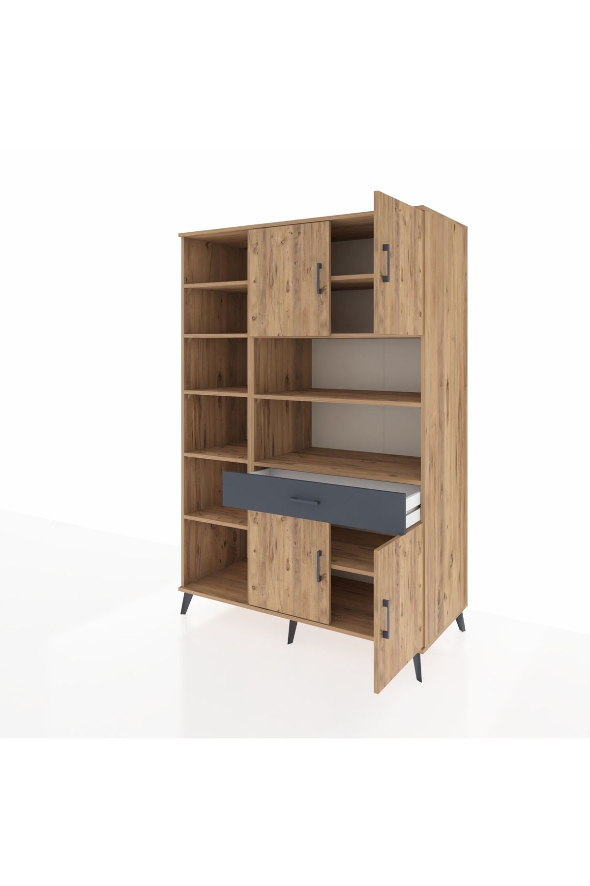 Kronos Dolap 10 Raflı Tek Çekmeceli 4 Kapaklı 132x59x195 Çam-Çam/Antrasit