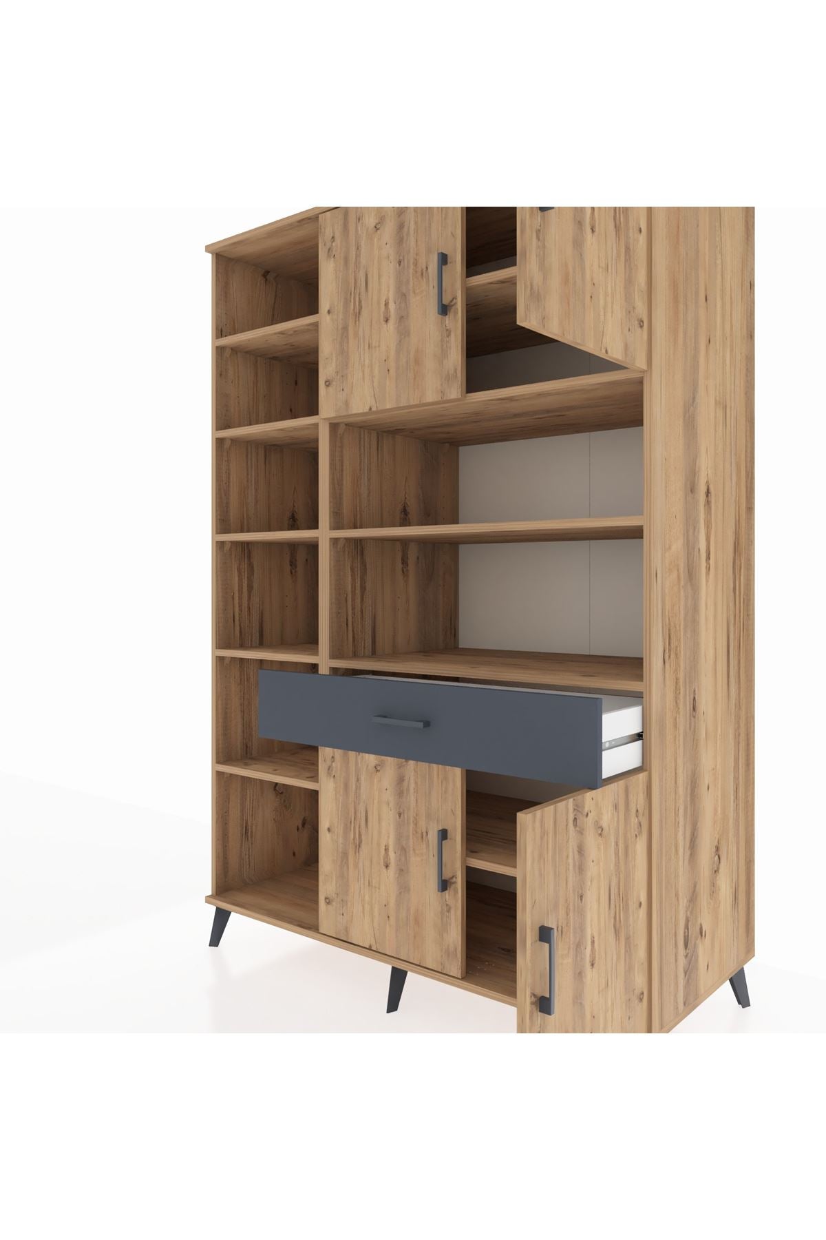 Kronos Dolap 10 Raflı Tek Çekmeceli 4 Kapaklı 132x59x195 Çam-Çam/Antrasit