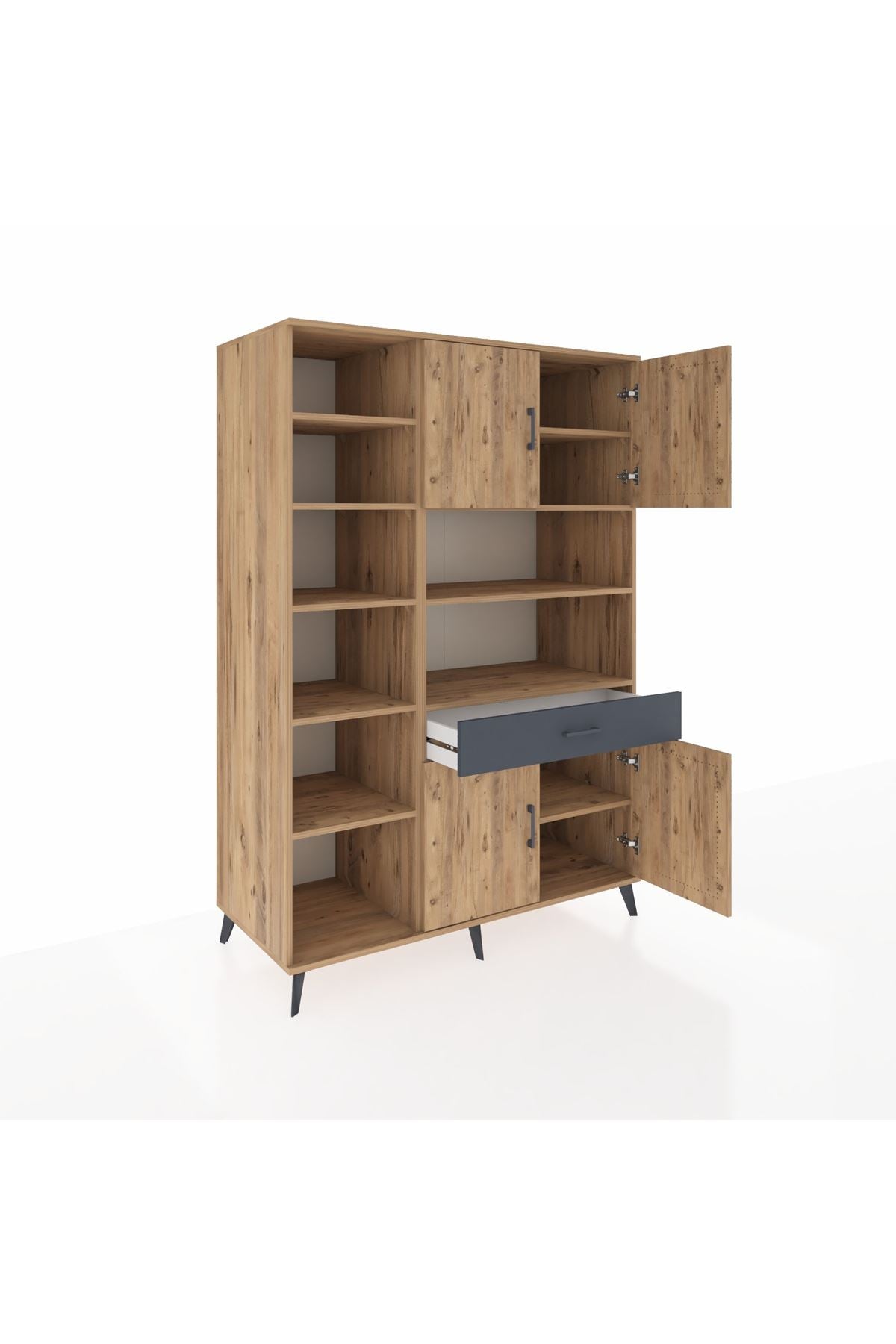 Kronos Dolap 10 Raflı Tek Çekmeceli 4 Kapaklı 132x59x195 Çam-Çam/Antrasit