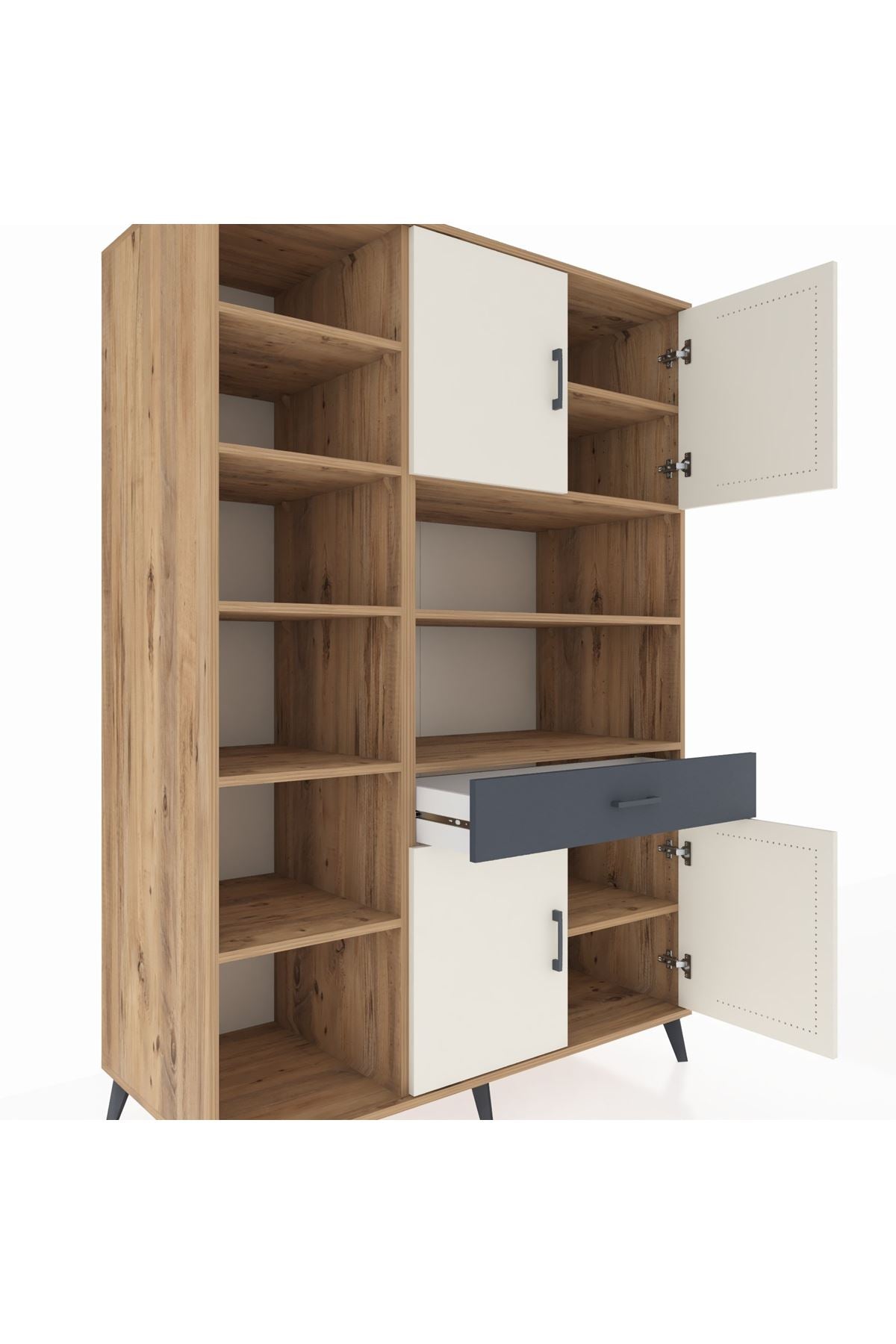 Kronos Dolap 10 Raflı Tek Çekmeceli 4 Kapaklı 132x59x195 Çam-Aytaşı/Antrasit