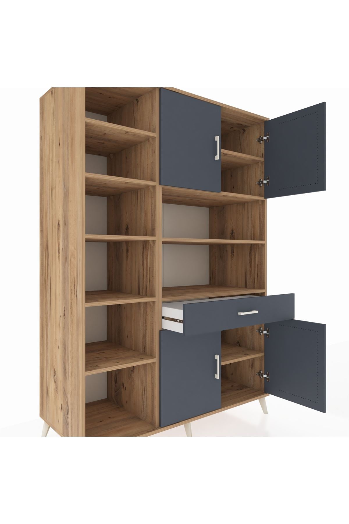 Kronos Dolap 10 Raflı Tek Çekmeceli 4 Kapaklı 132x59x195 Çam-Antrasit/Antrasit