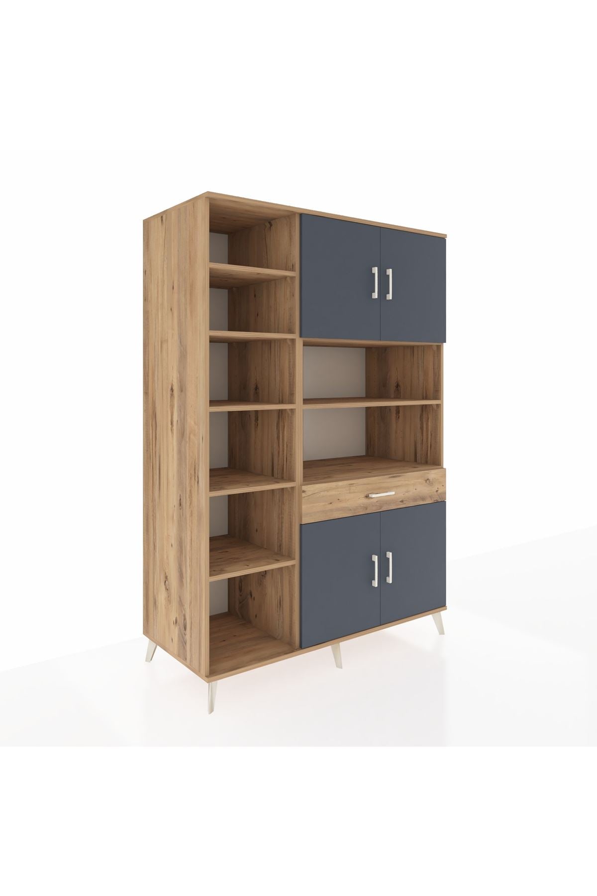 Kronos Dolap 10 Raflı Tek Çekmeceli 4 Kapaklı 132x59x195 Çam-Antrasit/Çam