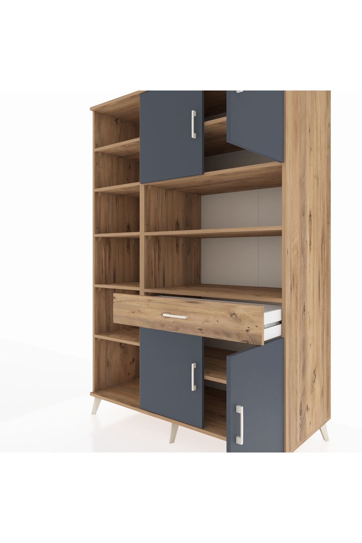 Kronos Dolap 10 Raflı Tek Çekmeceli 4 Kapaklı 132x59x195 Çam-Antrasit/Çam