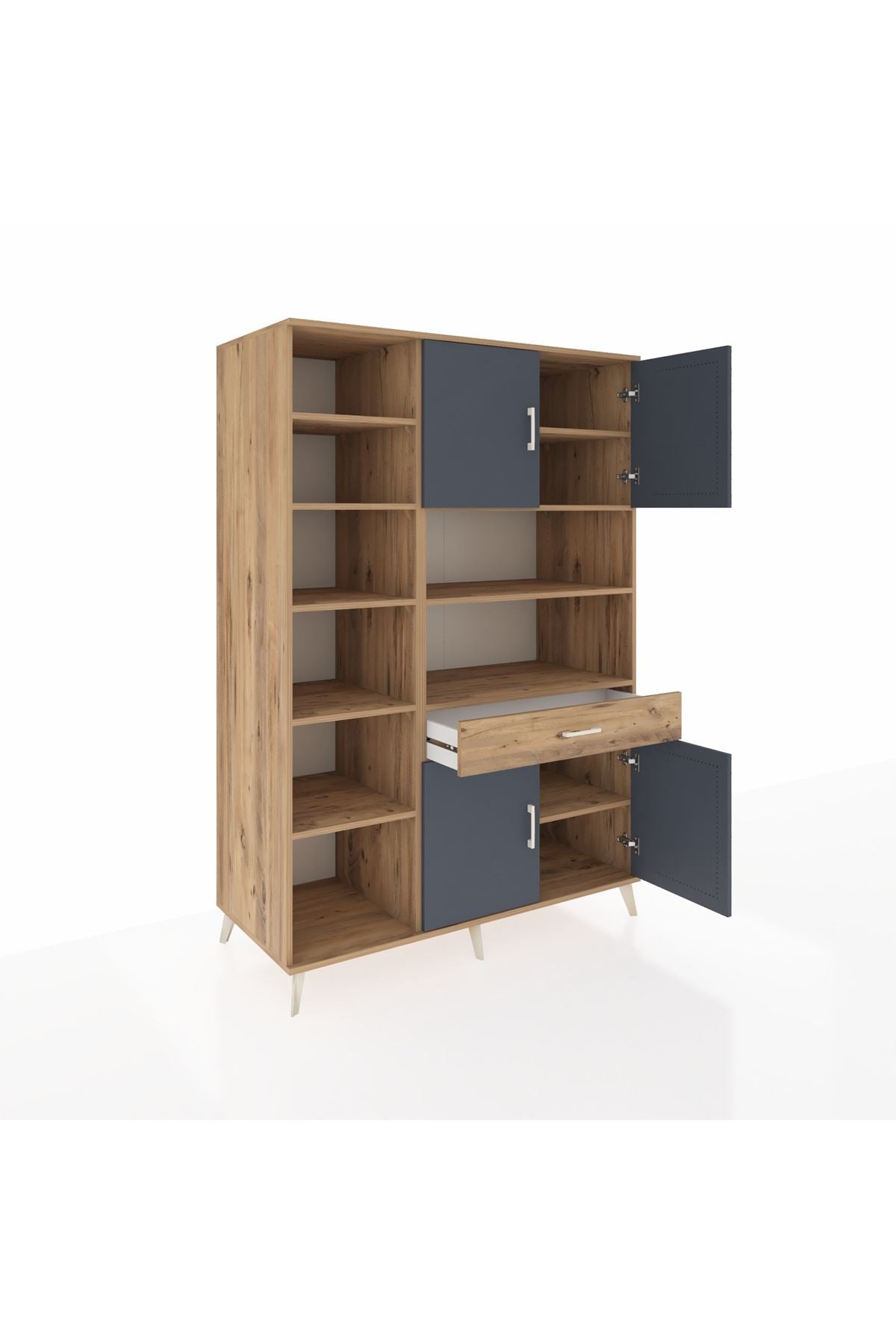 Kronos Dolap 10 Raflı Tek Çekmeceli 4 Kapaklı 132x59x195 Çam-Antrasit/Çam