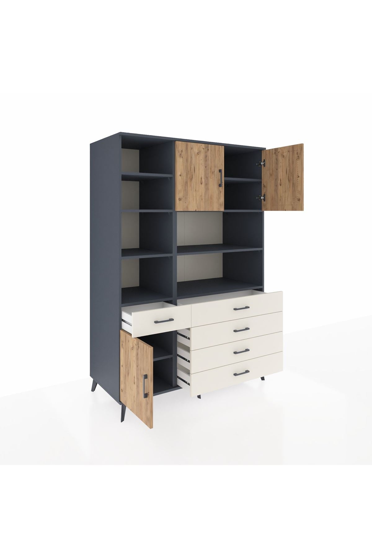 Kronos Dolap 9 Raflı 5 Çekmeceli 3 Kapaklı 132x59x195 Antrasit-Çam/Aytaşı